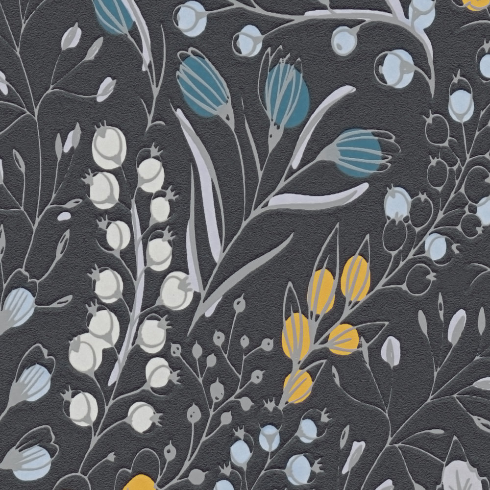             Wallpaper with floral & abstract pattern matt - black, yellow, blue
        
