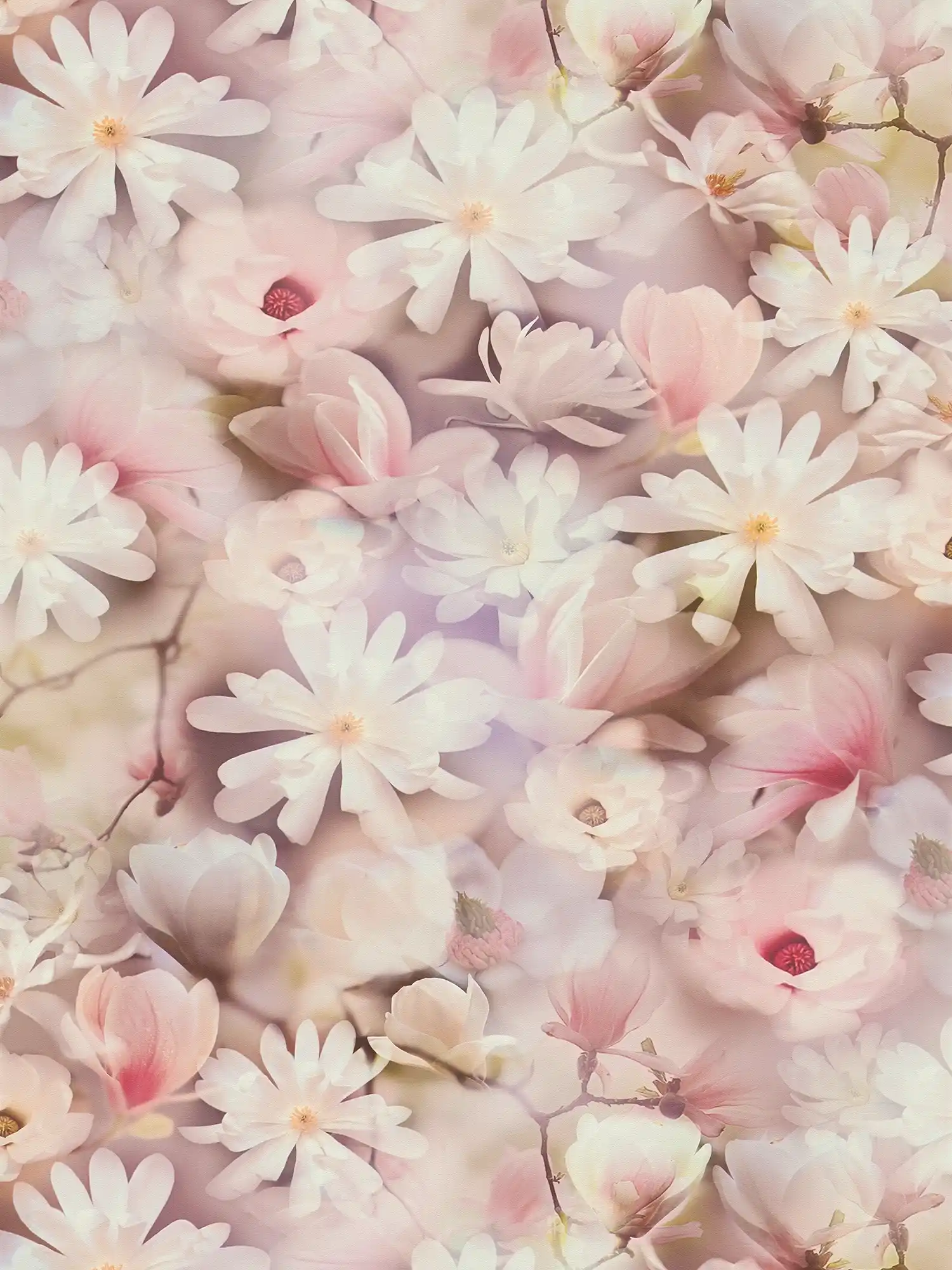 Papel pintado con diseño de collage floral en rosa y blanco
