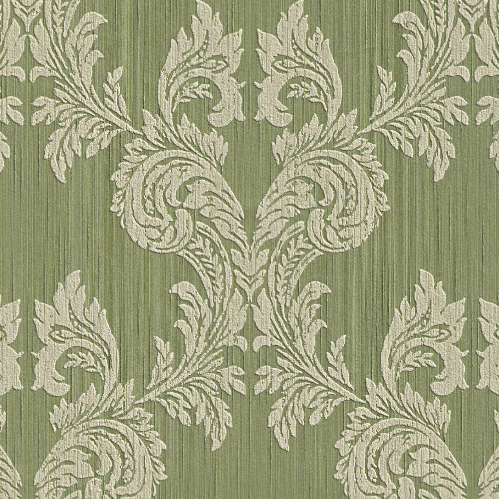             Papier peint ornemental avec motif floral & effet structuré - Vert
        