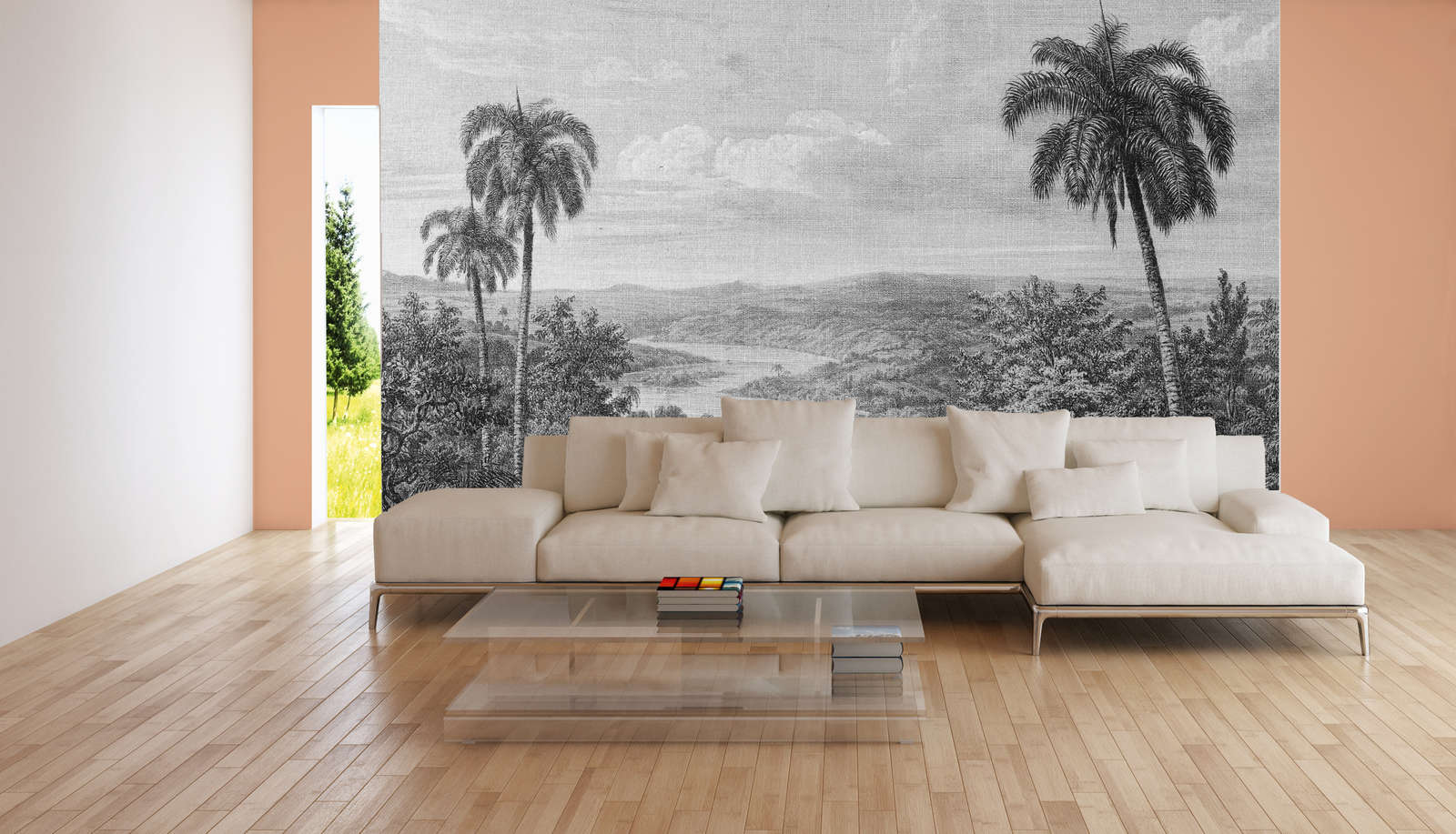             Papier peint panoramique Vue sur la forêt tropicale avec optique de structure en lin - gris, noir
        