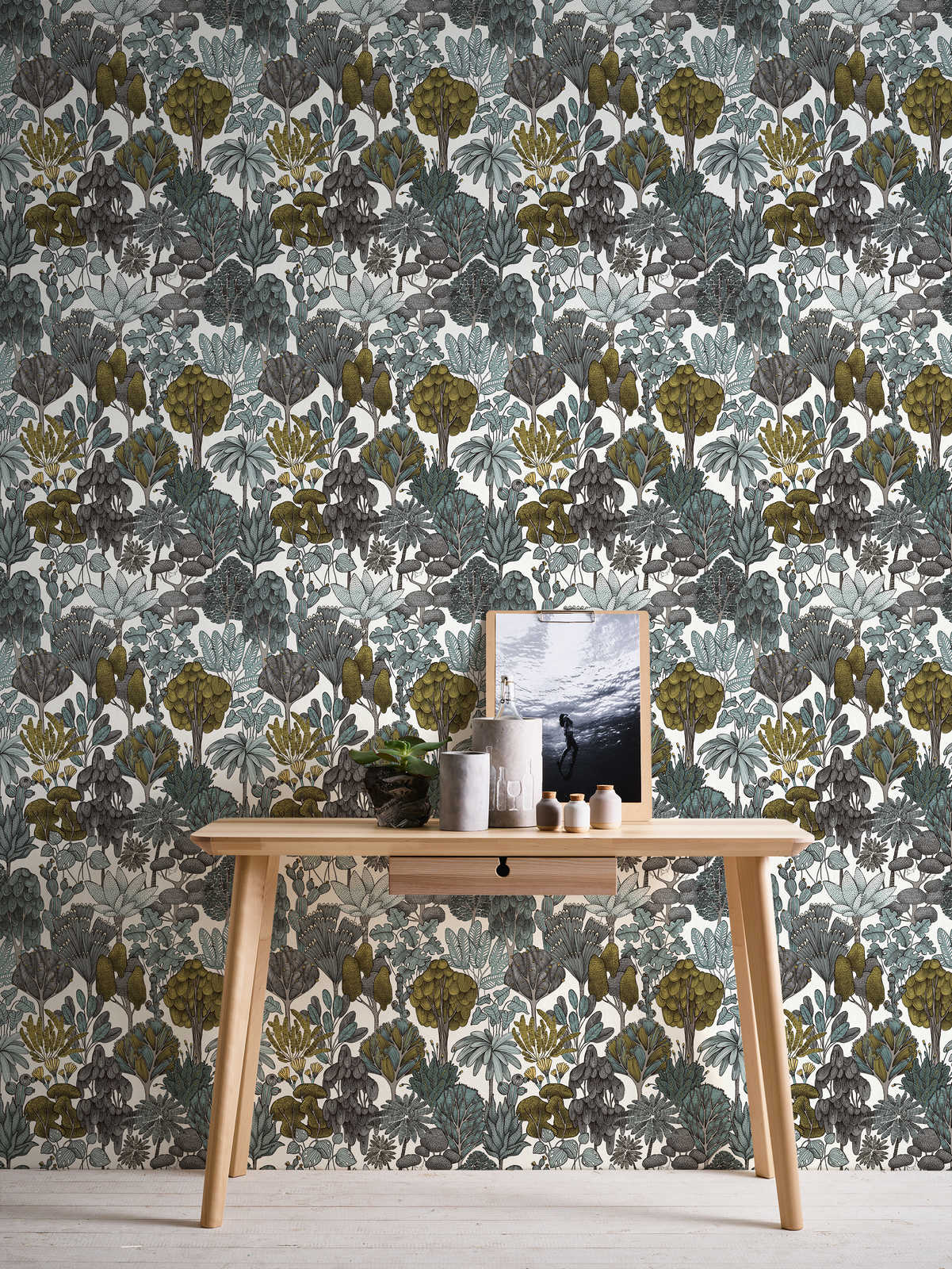             wallpaper green grey floral pattern in doodle style - green, grey, yellow
        