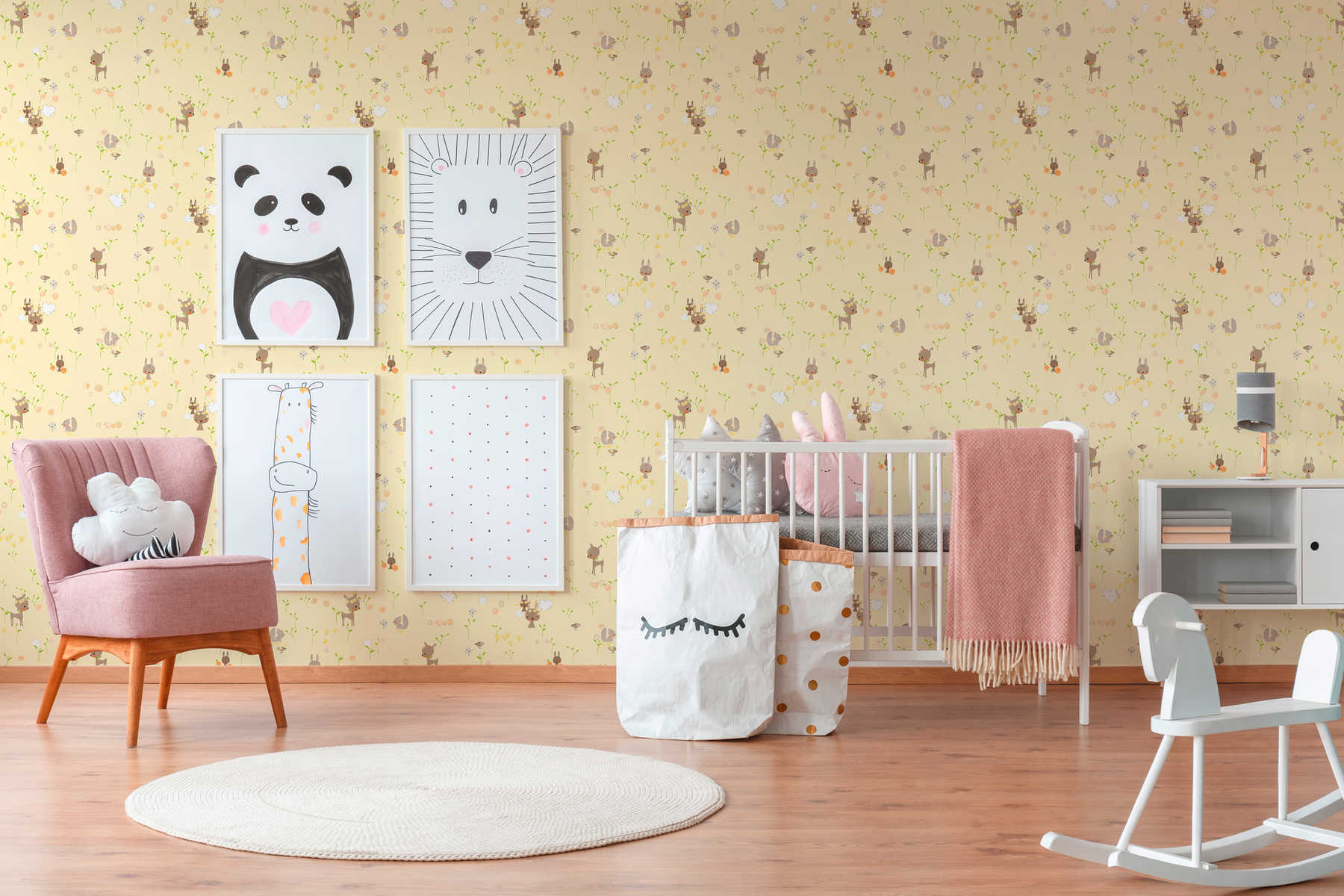             Papel pintado con animales del bosque para la habitación del bebé y de los niños - Amarillo, Verde
        