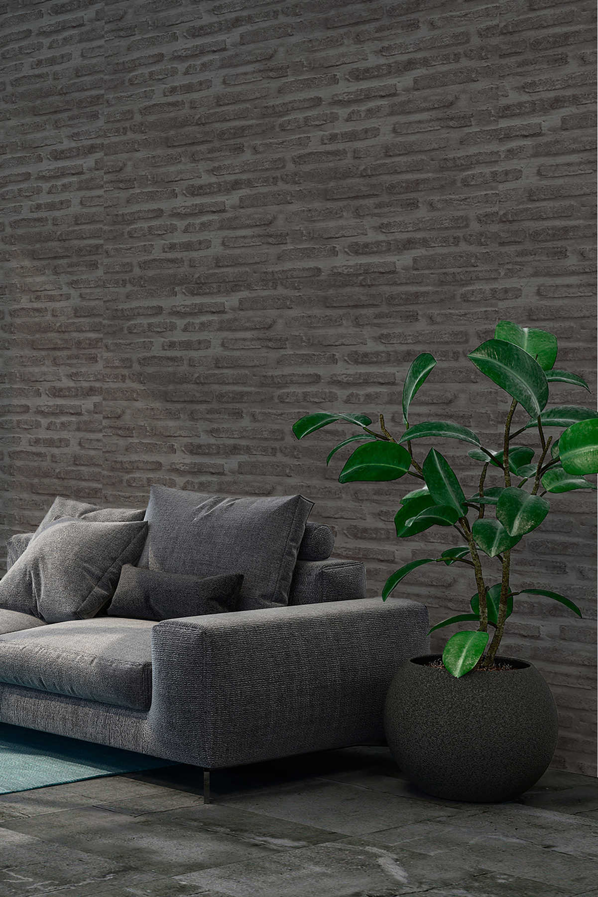             Antraciet vliesbehang met steenlook & bakstenen muur - grijs, zwart
        