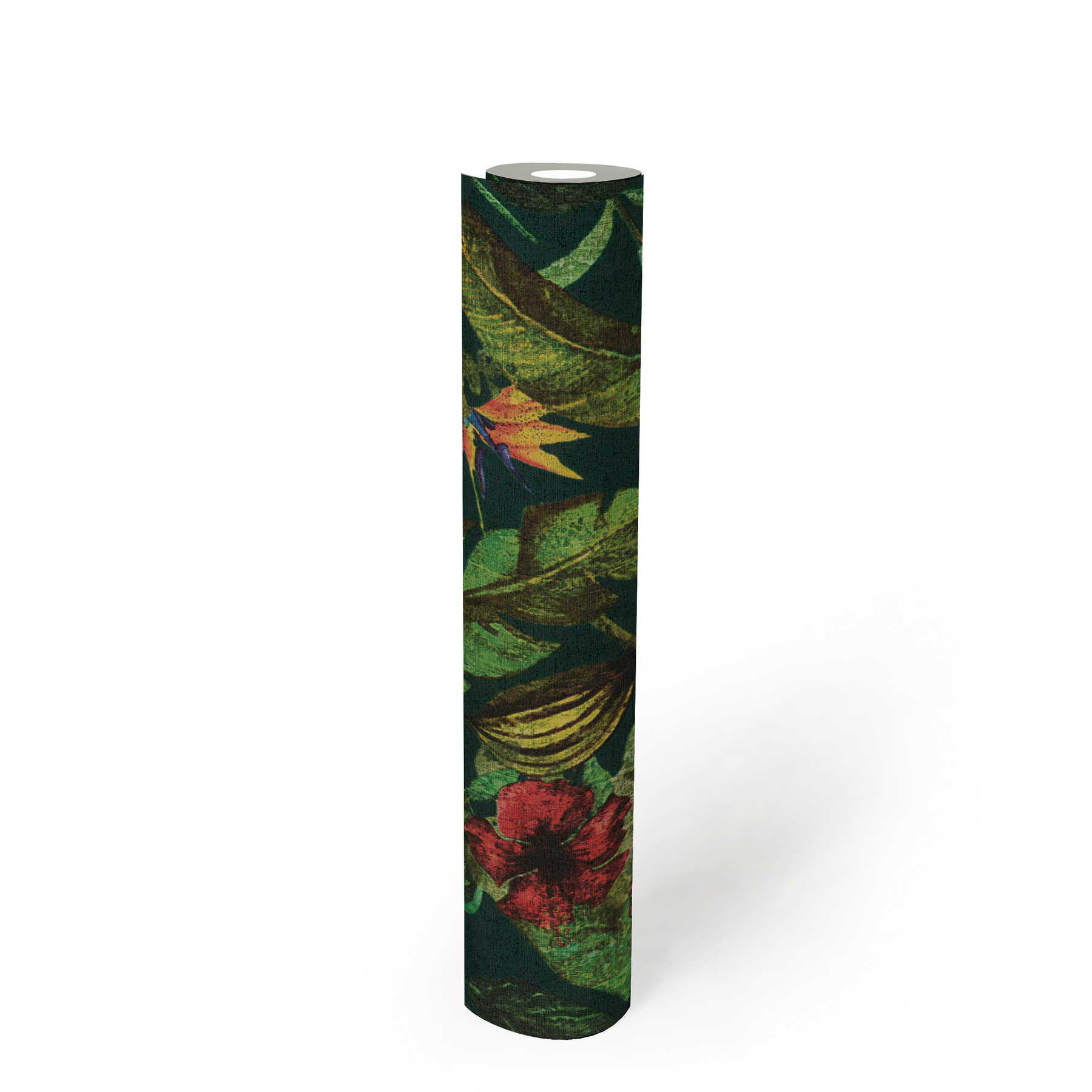             Jungle wallpaper tropical flowers - green, red, yellow
        