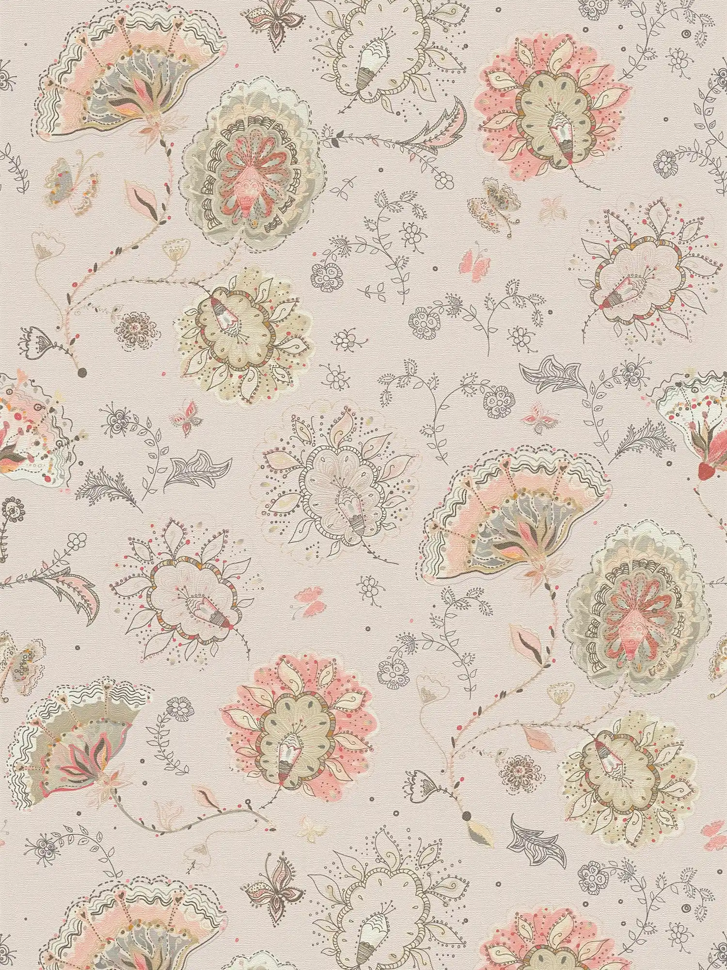 Papier peint floral avec motif floral abstrait & texture fine - gris, beige, rouge
