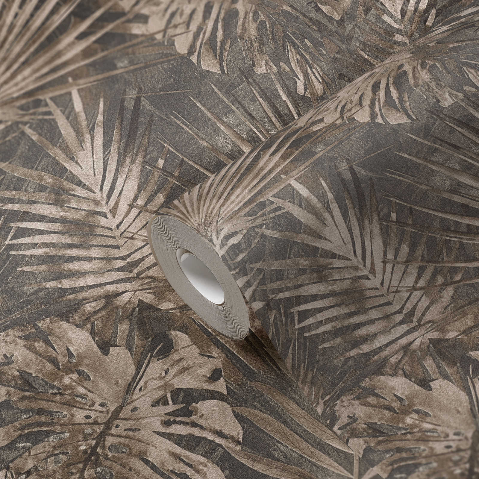             Papier peint jungle avec motif de feuilles tropicales sans PVC - marron, beige, anthracite
        