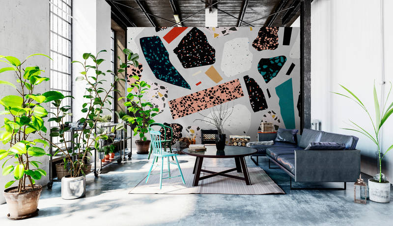             Terrazzo 1 - Terrazzo behang met patroon, steenlook in vloeipapierstructuur - grijs, oranje | parelmoer glad vlies
        