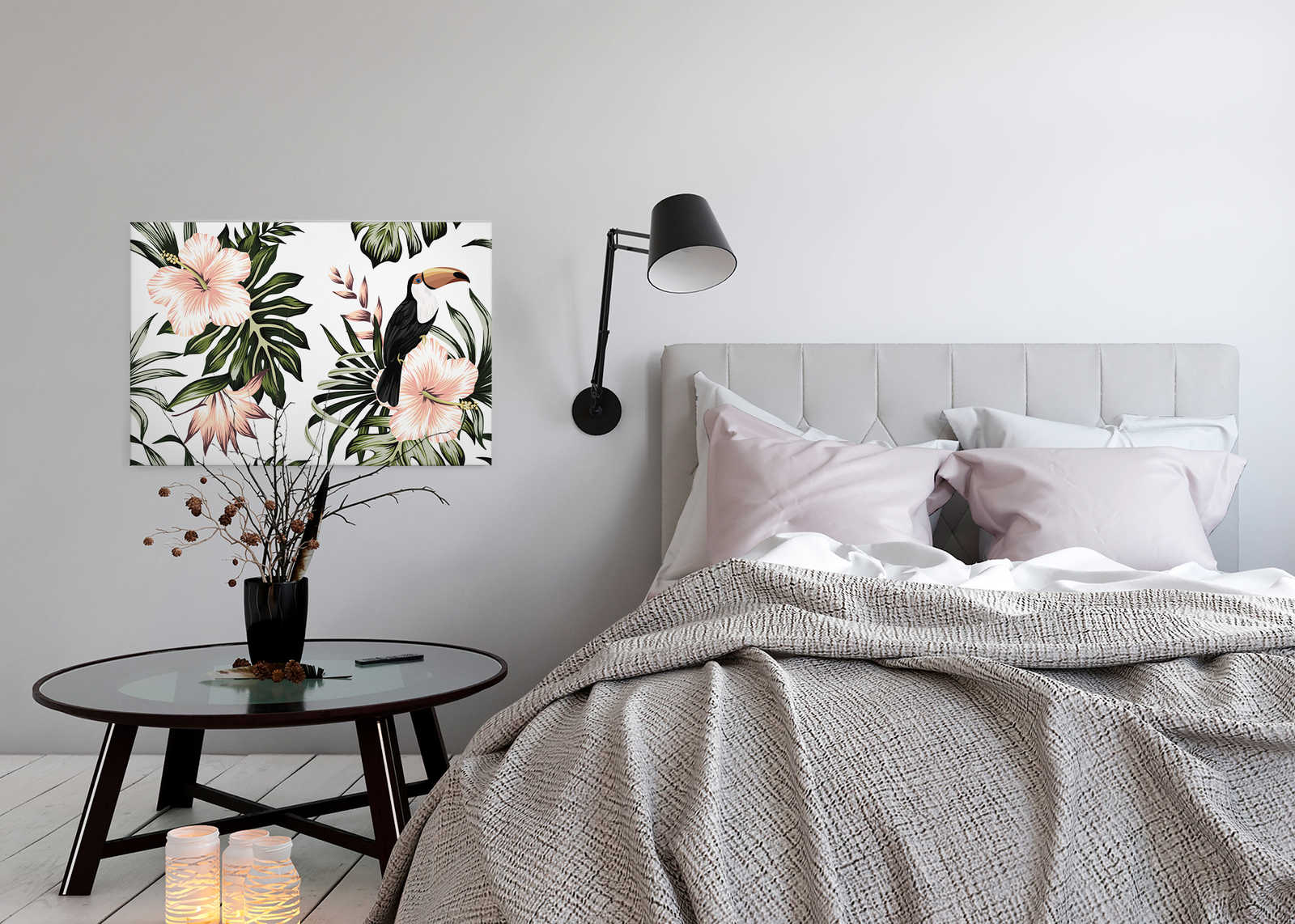             Lienzo con plantas selváticas y pelícano | Blanco, rosa, verde - 0,90 m x 0,60 m
        