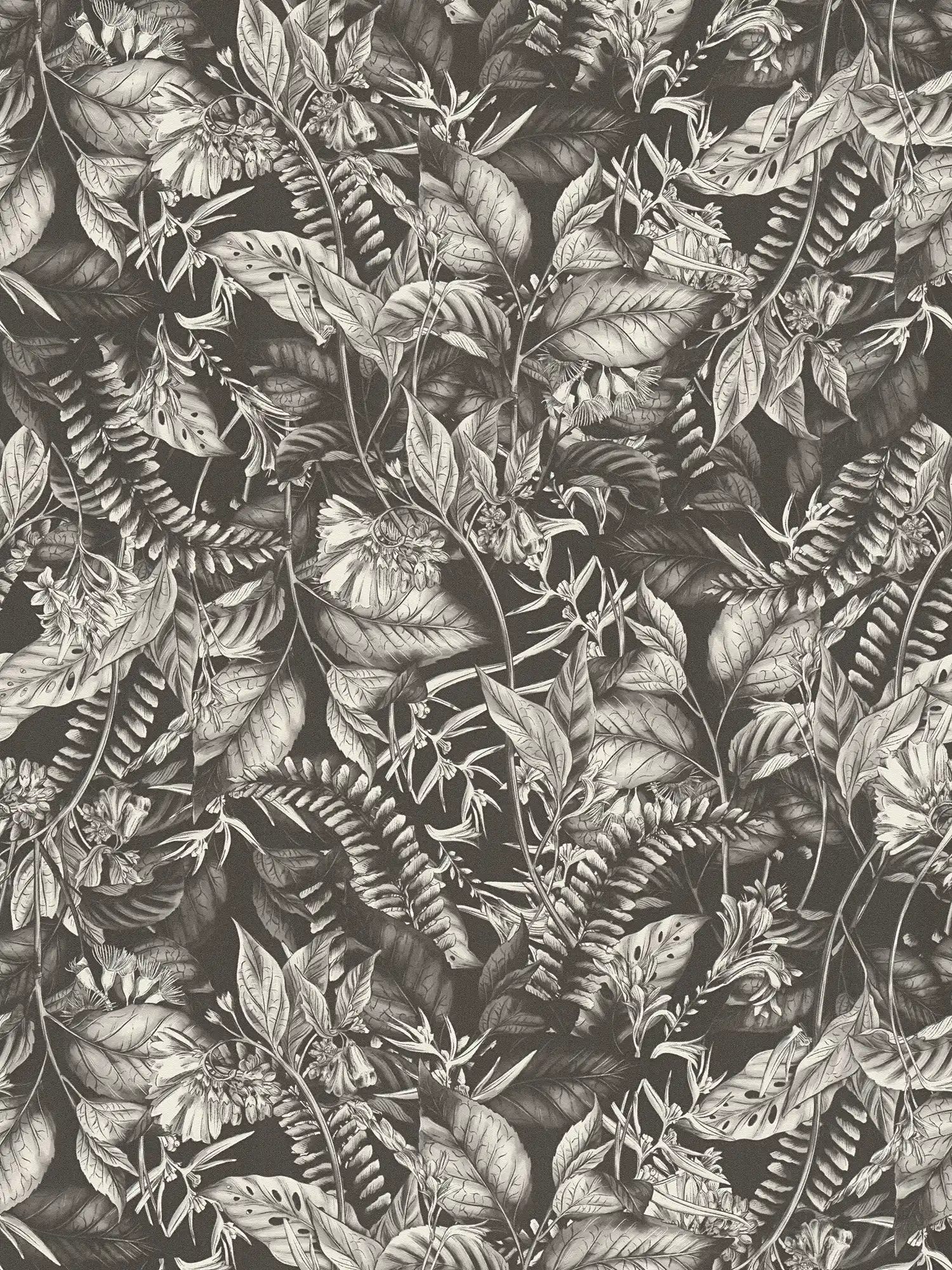 papier peint en papier floral avec feuilles & fleurs structuré mat - noir, blanc
