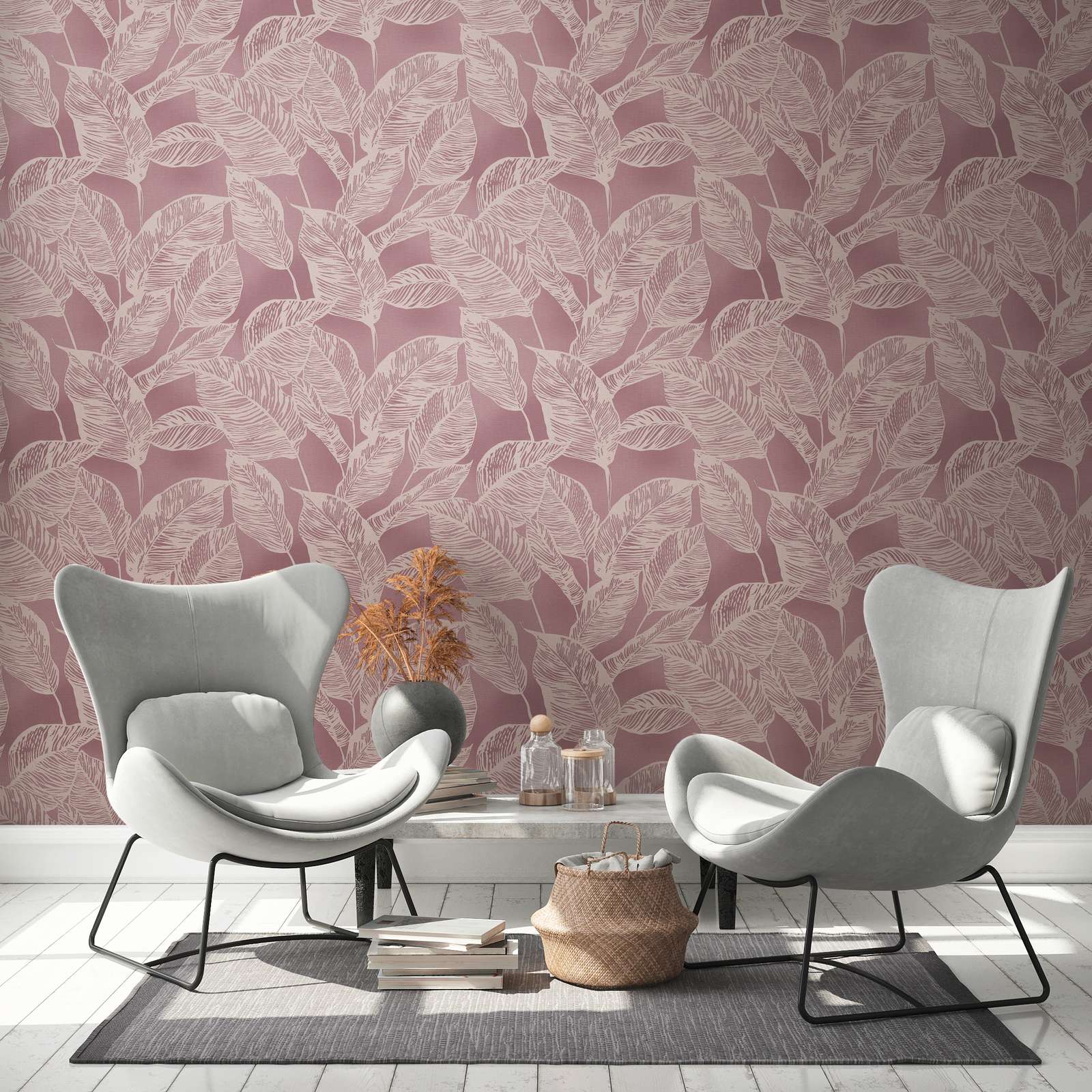             PVC-free non-woven wallpaper with leaf motif - pink, cream
        