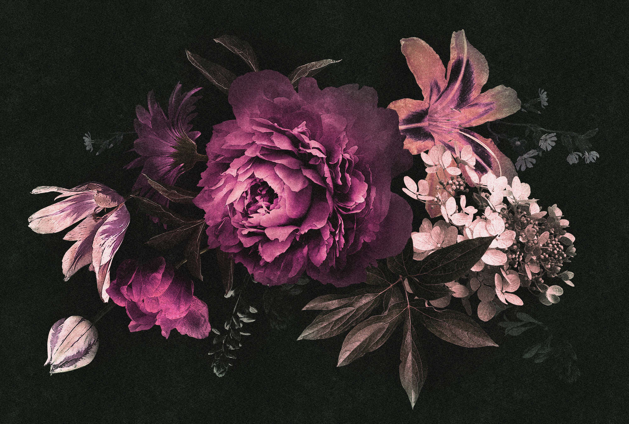             Drama queen 3 - romantisch bloemenboeket behang - kartonnen structuur - roze, zwart | parelmoer glad vlies
        