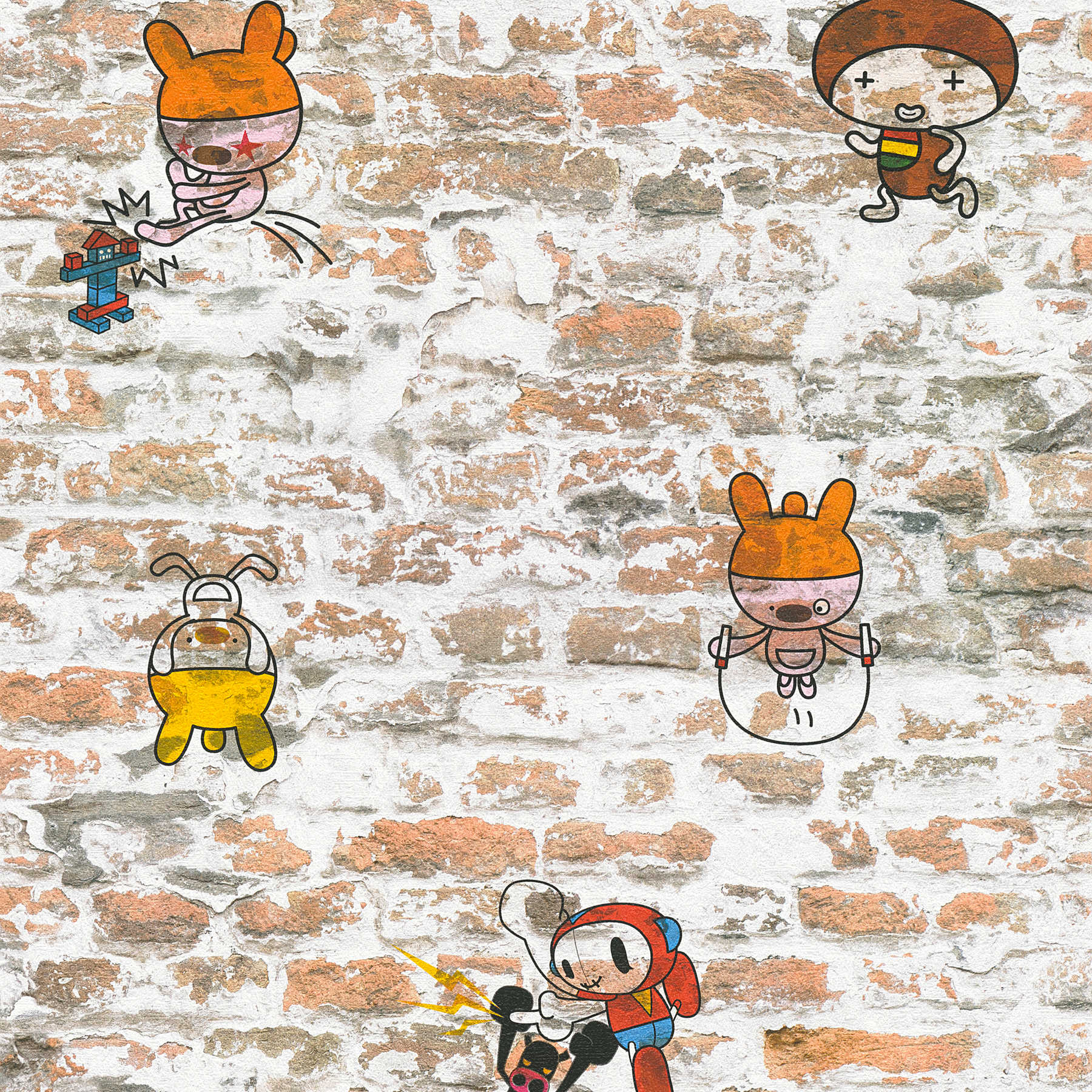 Papier peint imitation mur avec personnages de bande dessinée - marron, beige
