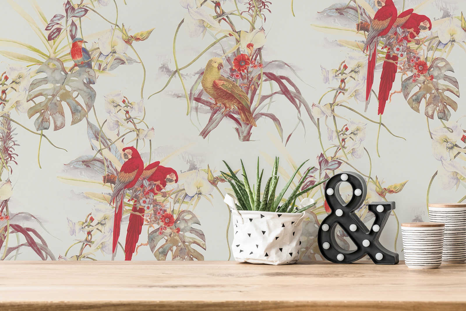             Wallpaper tropical design, parrot & exotic flowers - white, red
        