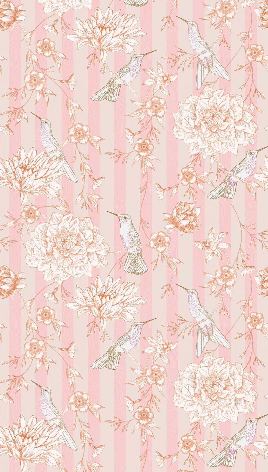             Striped wallpaper with floral motif and birds - pink, beige, orange
        