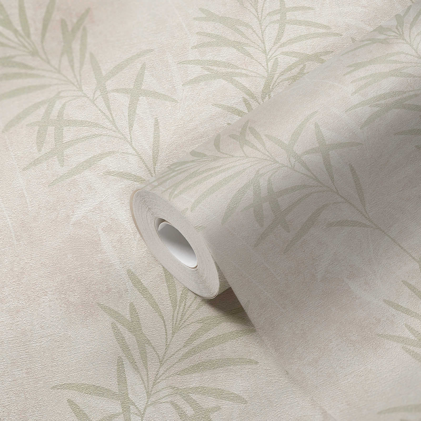             Scandinavian style non-woven wallpaper with floral grasses - cream, green, metallic
        
