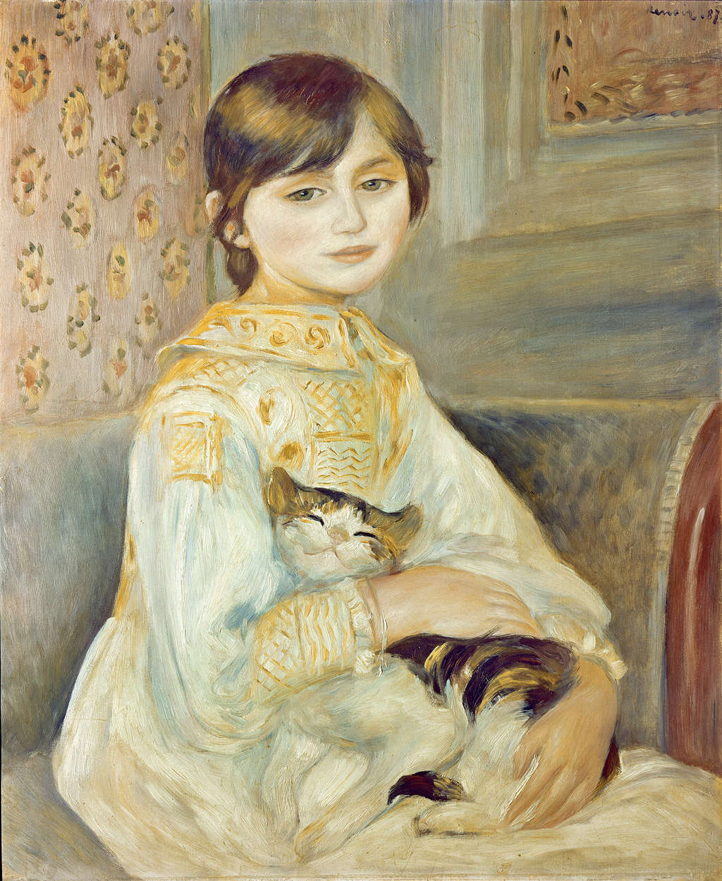             Mademoiselle Julie met kat" muurschildering van Pierre Auguste Renoir
        