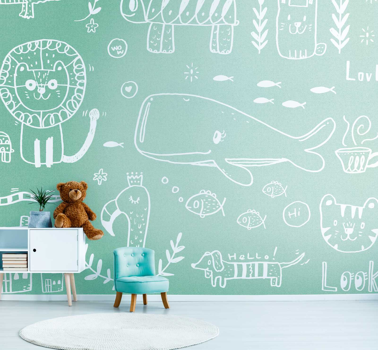             Papier peint Nouveauté - chambre d'enfant papier peint à motifs Doodle animaux, vert menthe
        