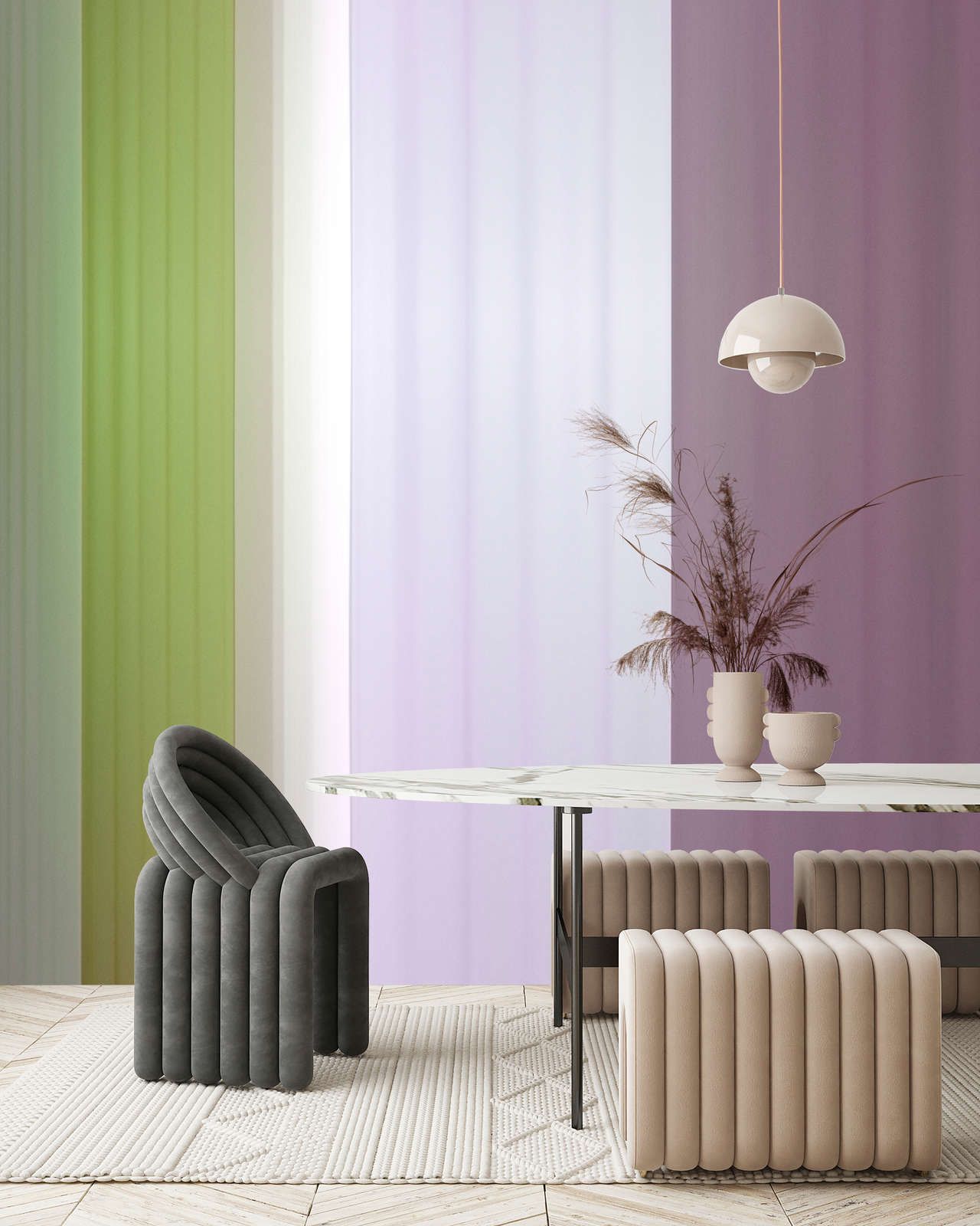             Photo wallpaper »co-coloures 3« - Colour gradient with stripes - green, lilac, purple | Smooth, slightly shiny premium non-woven fabric
        