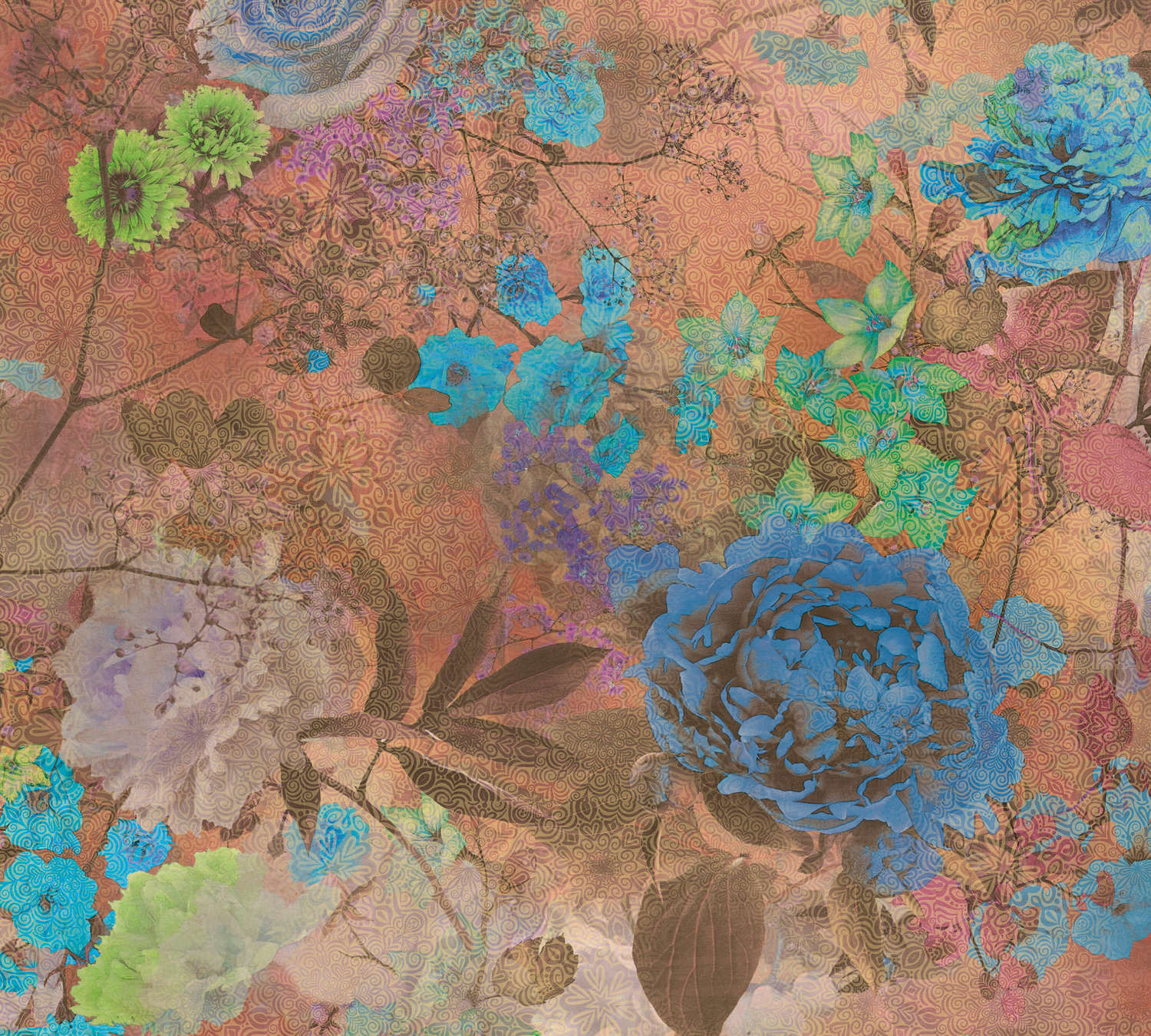             Papier peint coloré Fleurs & ornements - marron, bleu, vert
        