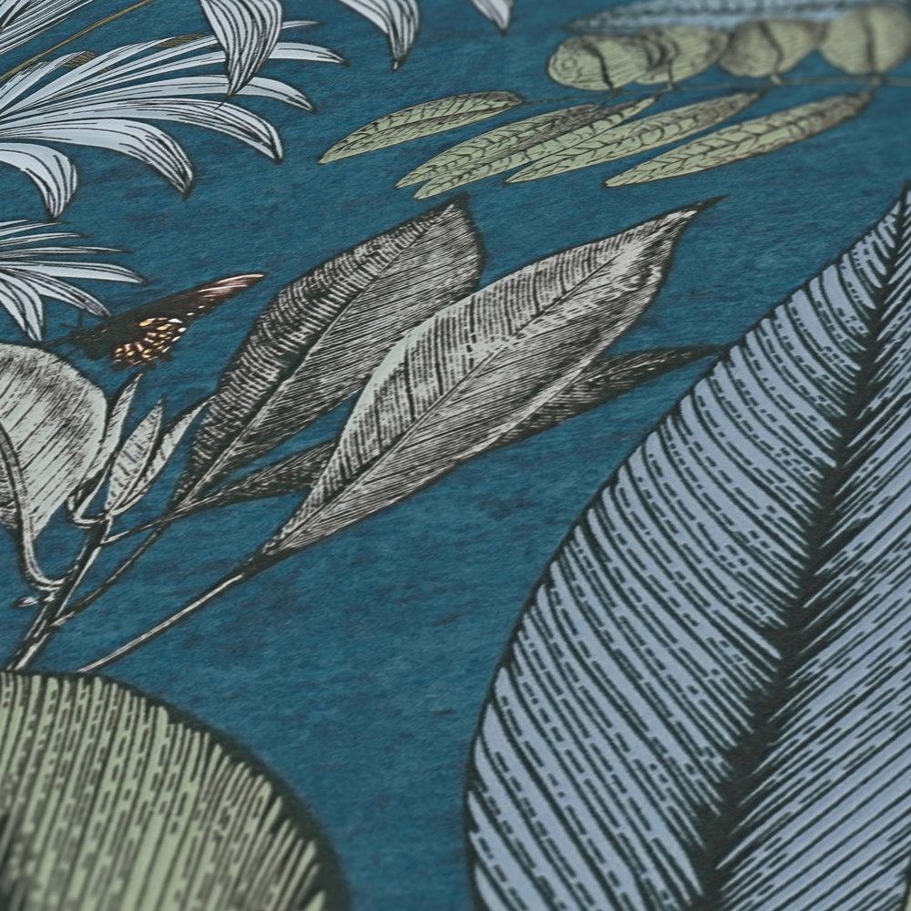             Blauw behang met jungle patroon in tekenstijl
        