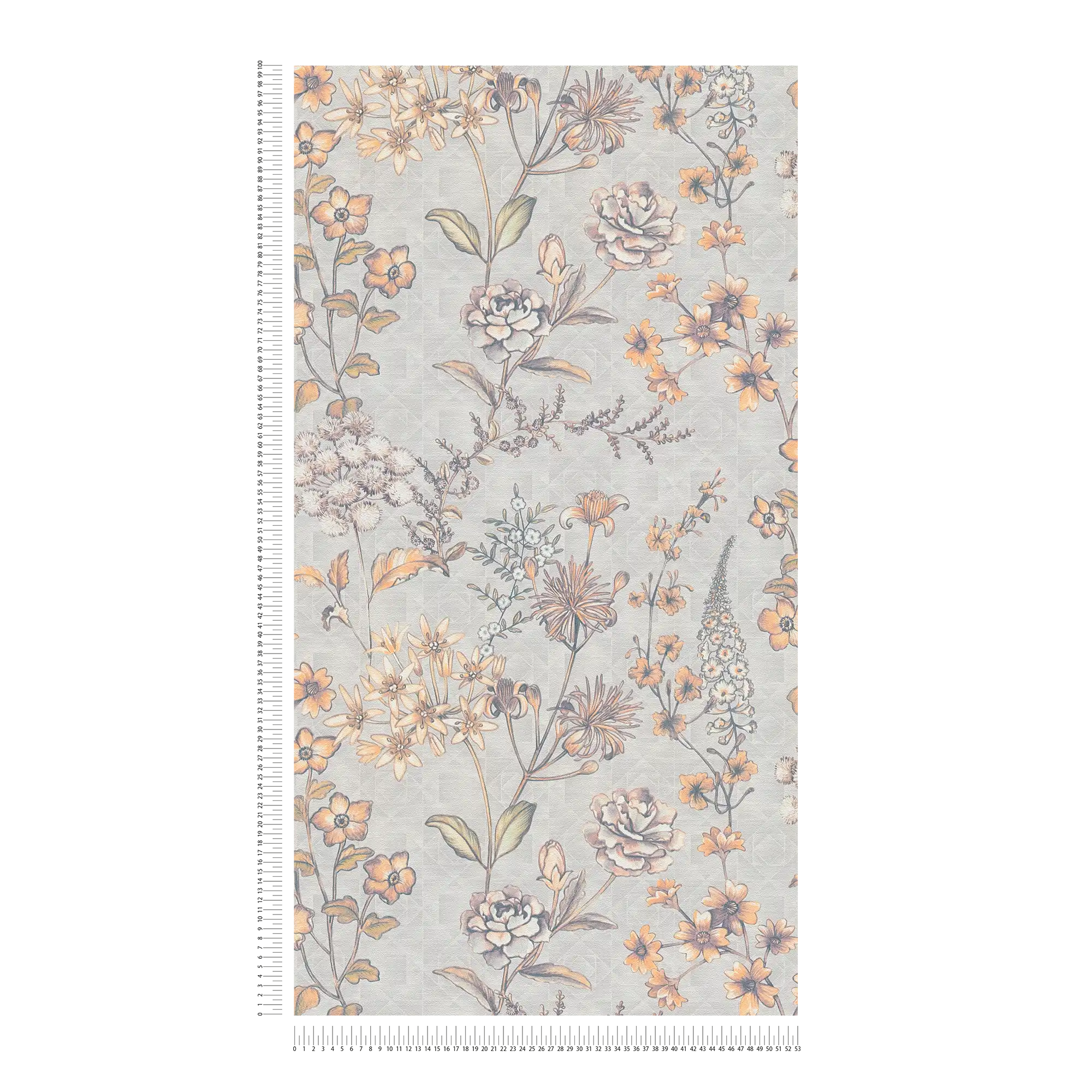             Papier peint intissé avec motif floral vintage - gris clair, orange, jaune
        