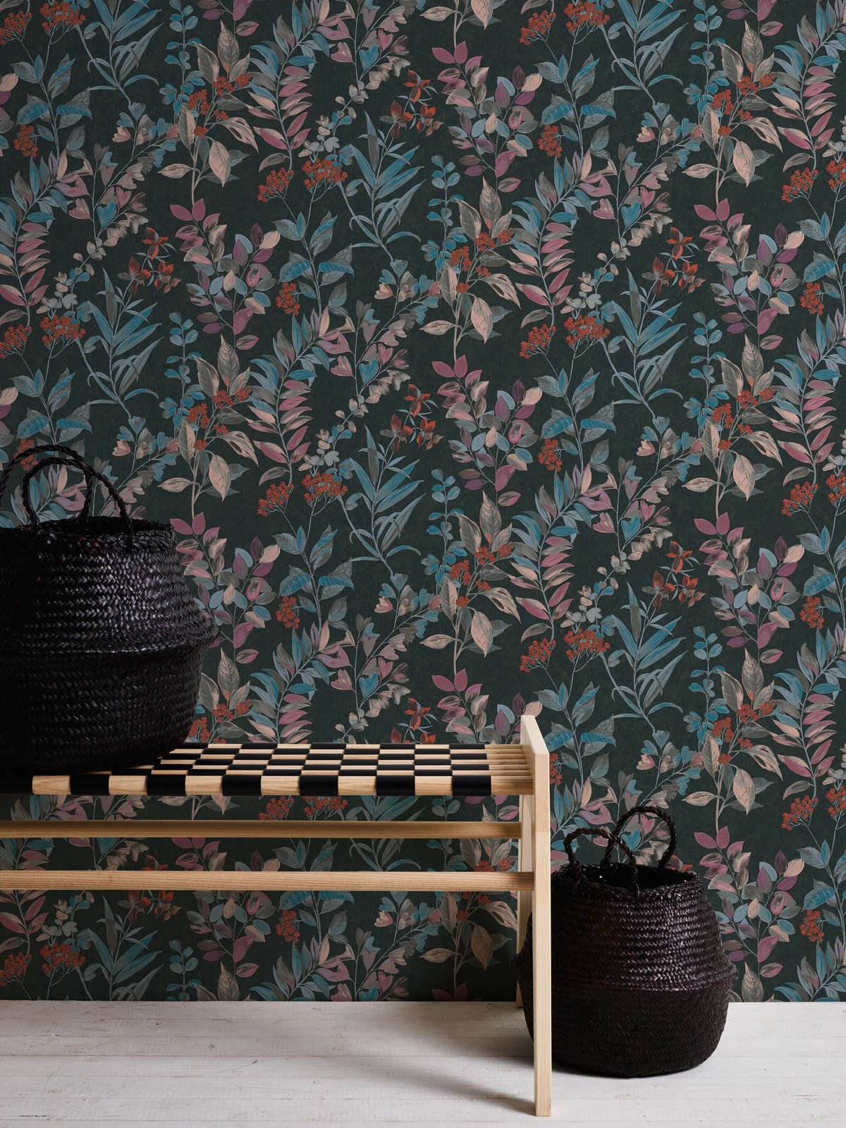            Floral non-woven wallpaper with floral pattern - multicoloured, black, blue
        