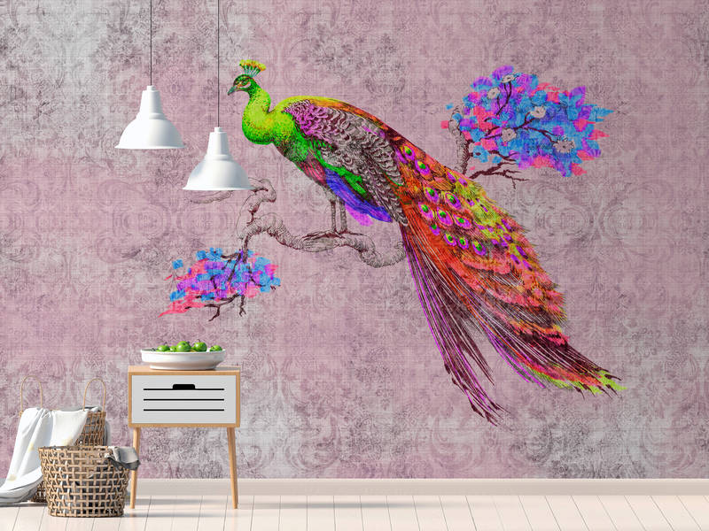             Peacock 2 - Photo wallpaper with peacock motif & ornament pattern in natural linen structure - Green, Pink | Matt smooth fleece
        