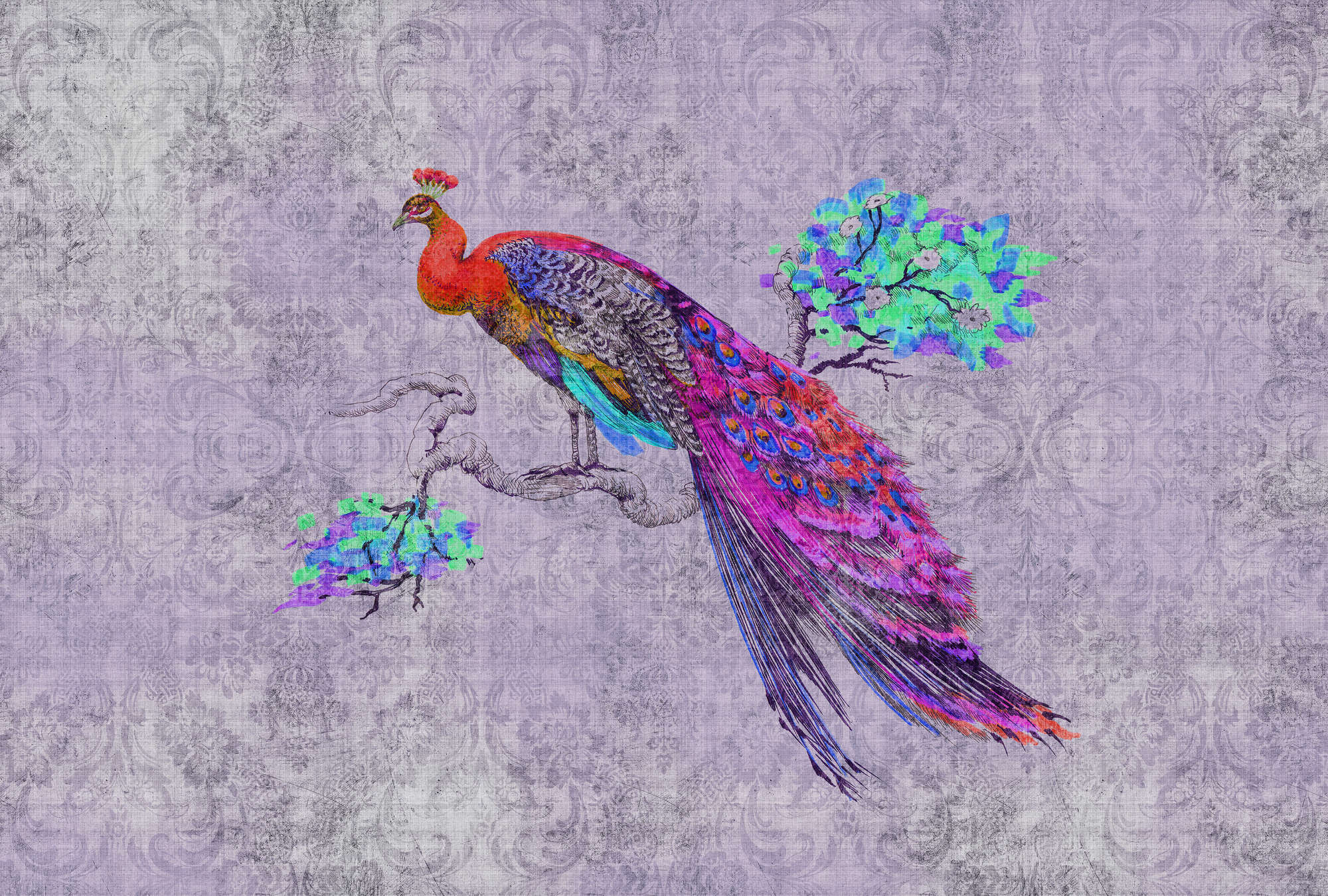             Peacock 3 - Papier peint panoramique paon coloré - texture lin naturel - bleu, rose | Intissé lisse mat
        