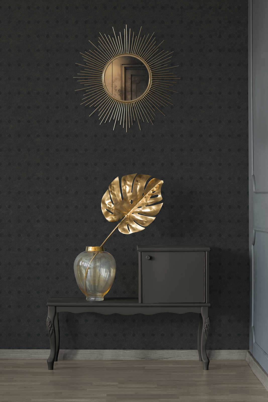             Black wallpaper with gold pattern lines & diamonds - metallic, black
        