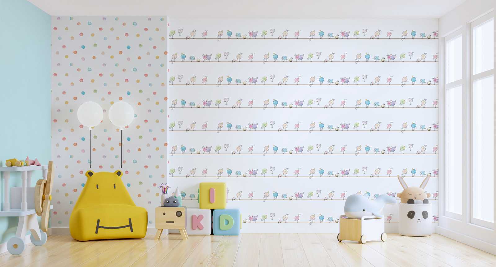             Carta da parati per la camera dei bambini con acquerelli e uccelli - colorata, bianca, blu
        