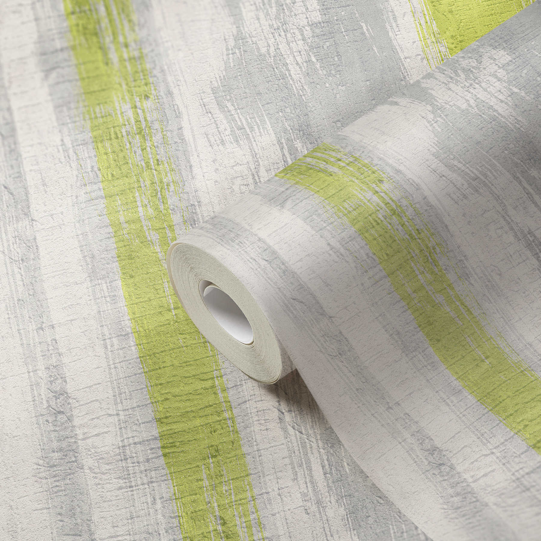             Papier peint à rayures avec structure de crépi & accentuation de couleur - gris, vert, jaune
        