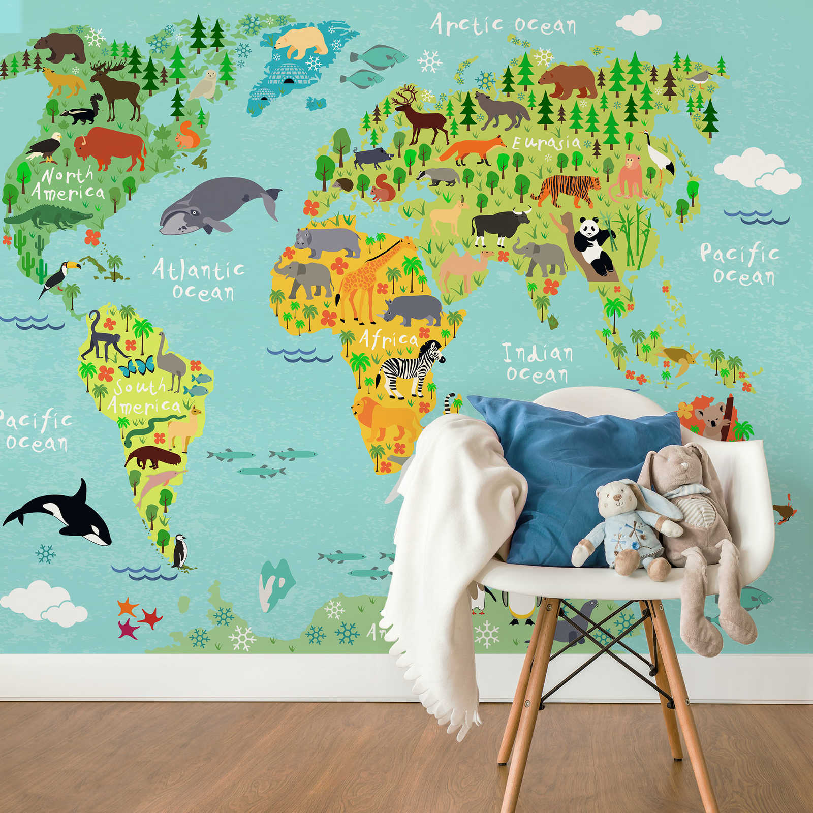             Muurschildering wereldkaart geschikt voor kinderen - Kleurrijk
        