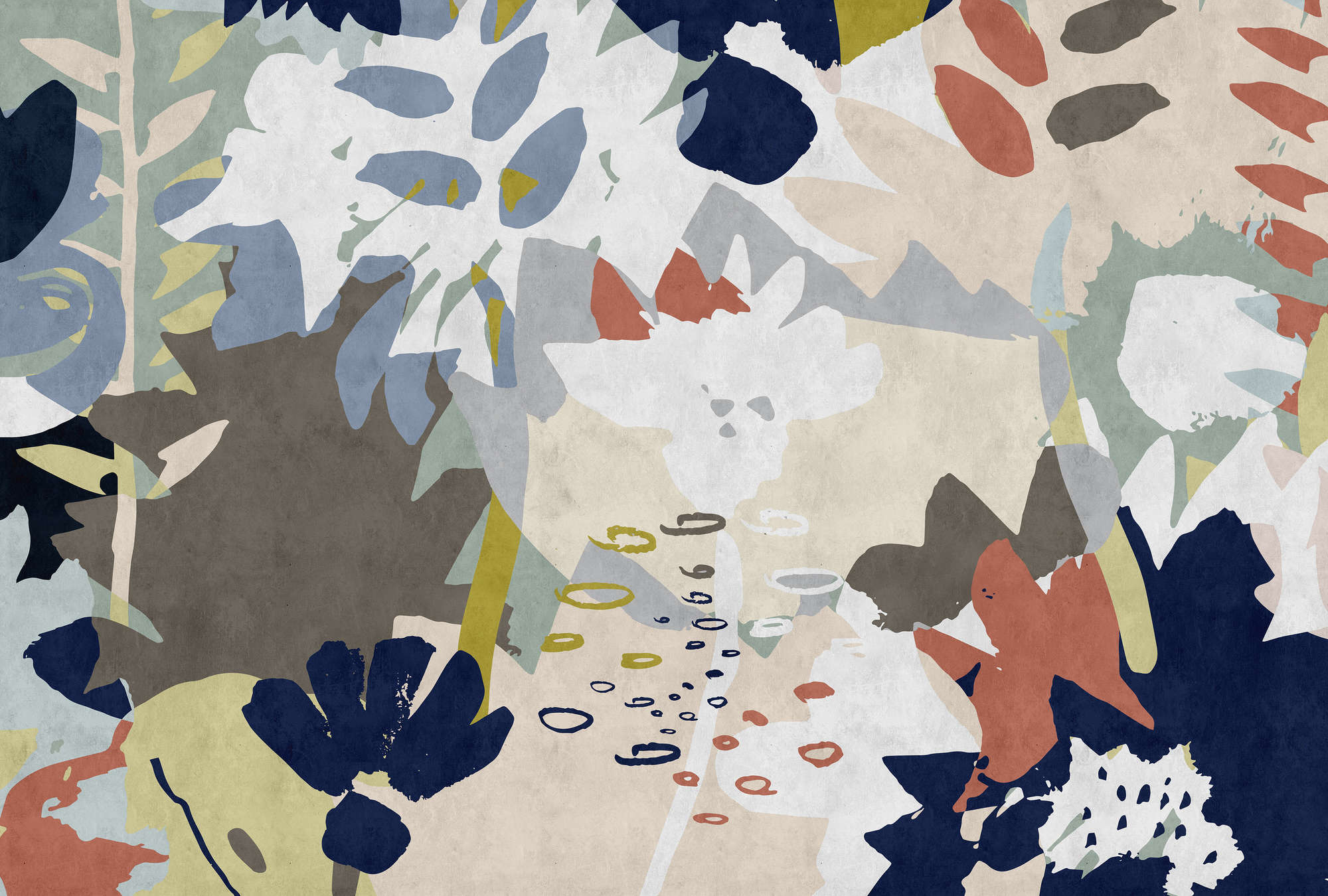             Floral Collage 4 - Digital behang met kleurrijk bladmotief - vloeipapierstructuur - Blauw, Bruin | Strukturenvlieseline
        