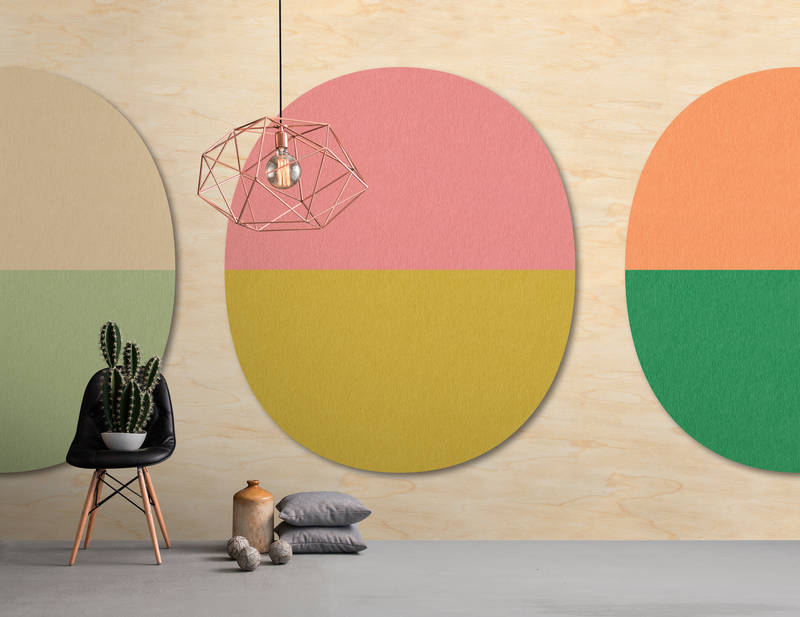             Split ovals 2 - Retro wallpaper in plywood,felt structure with colourful ovals - Beige, Green | Matt smooth fleece
        