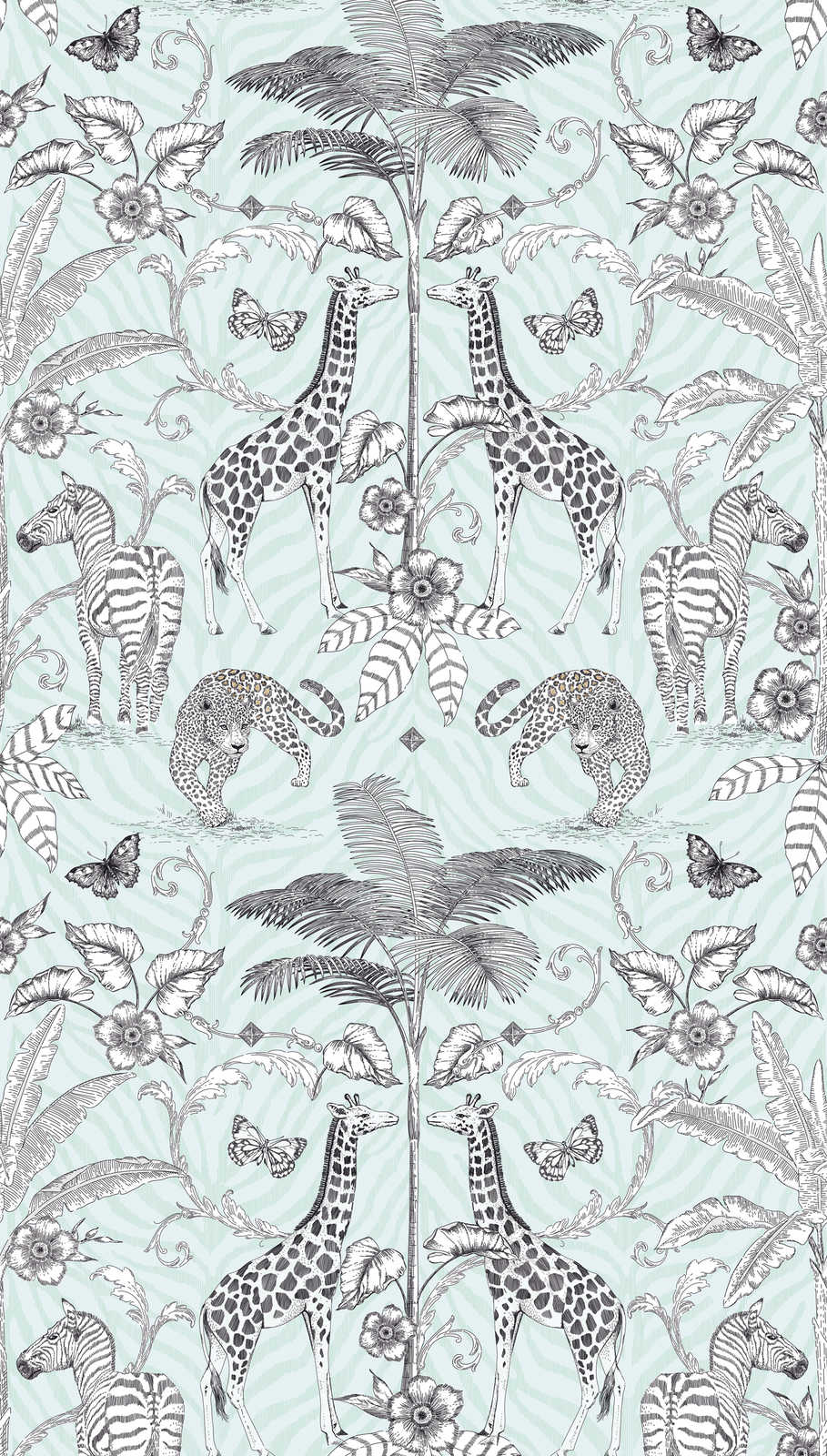             Non-woven wallpaper jungle motif with animals and plants - black, white, grey
        