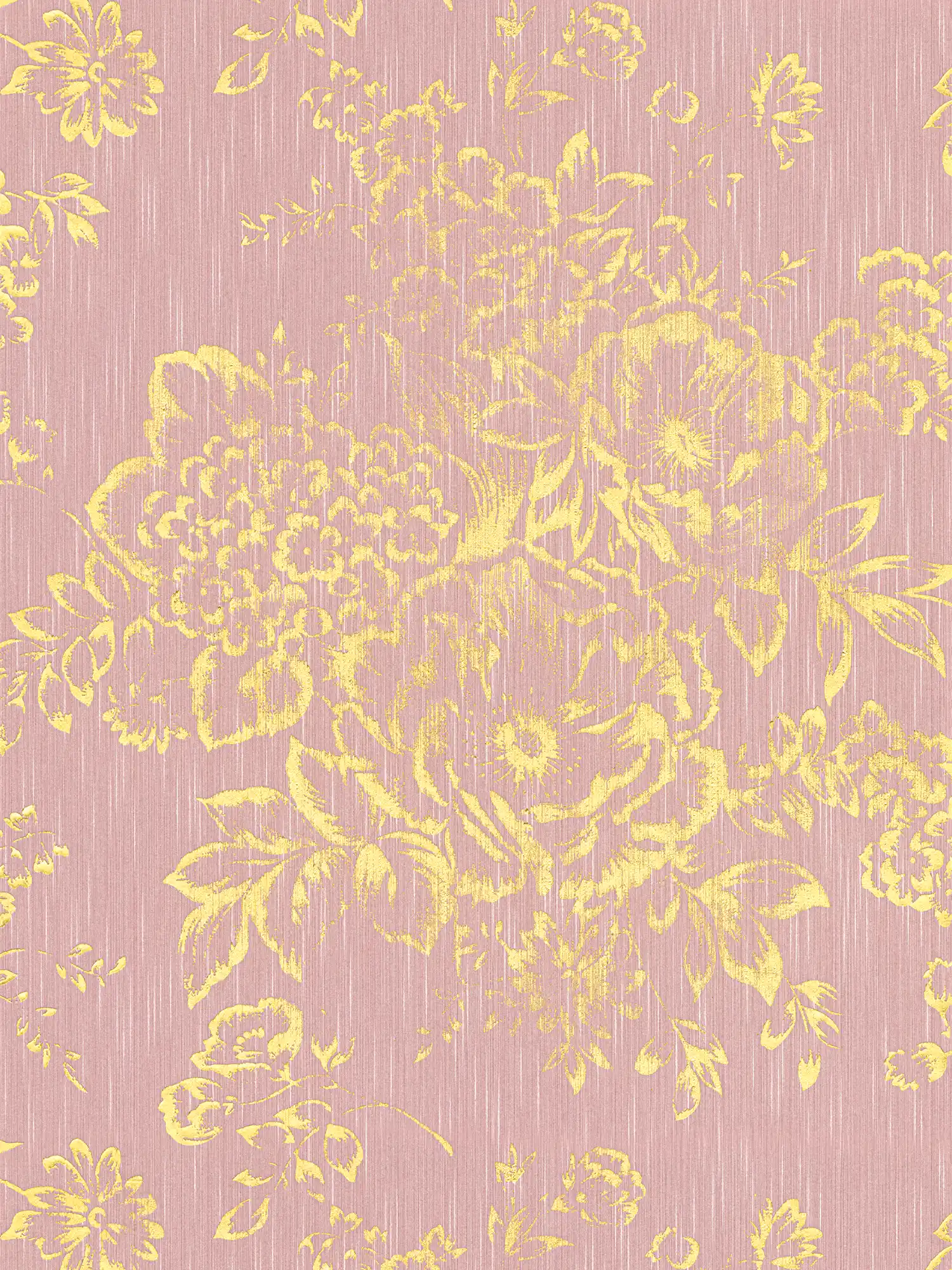 Papel pintado texturizado con motivos florales dorados - oro, rosa
