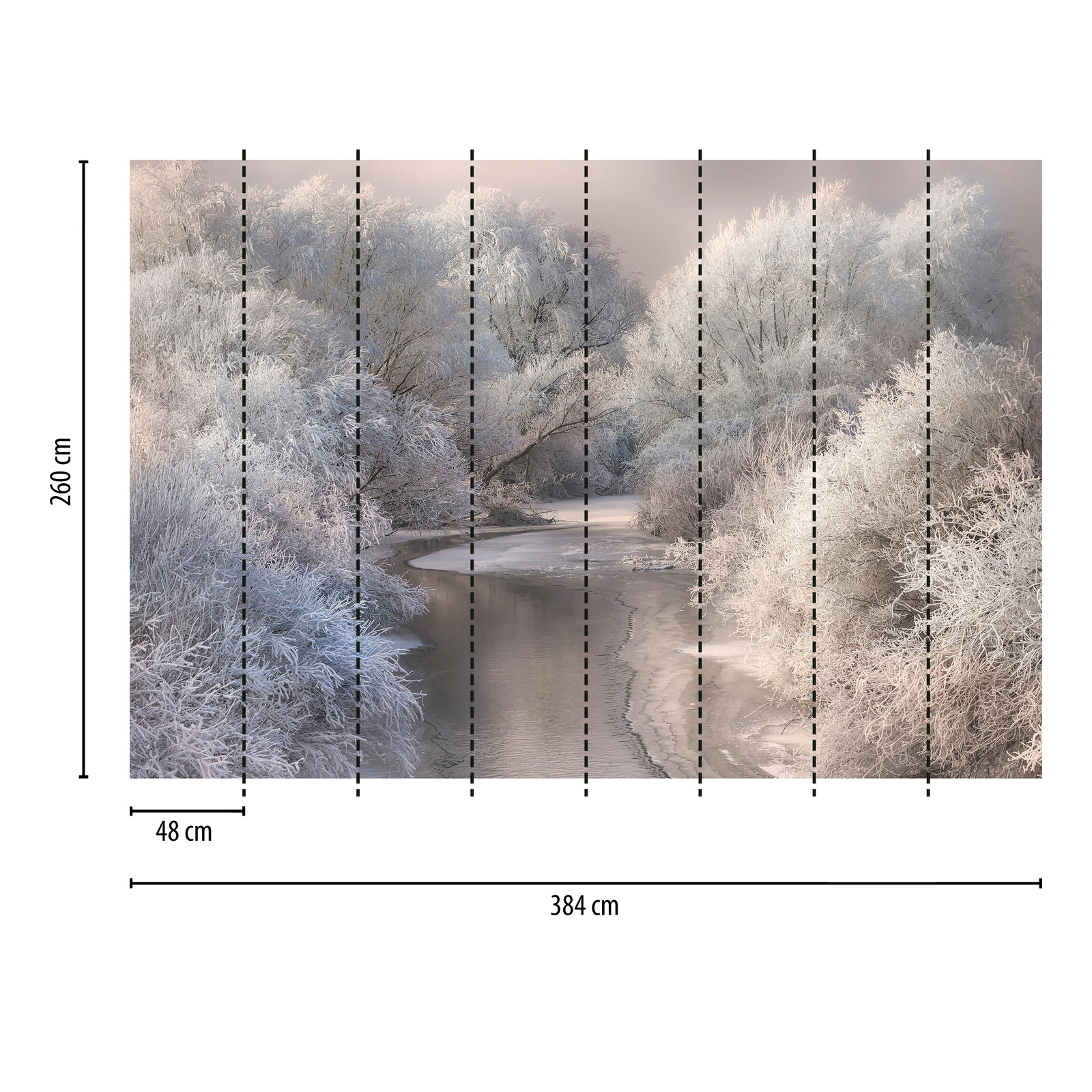             Papier peint panoramique forêt gelée avec rivière - blanc, gris
        