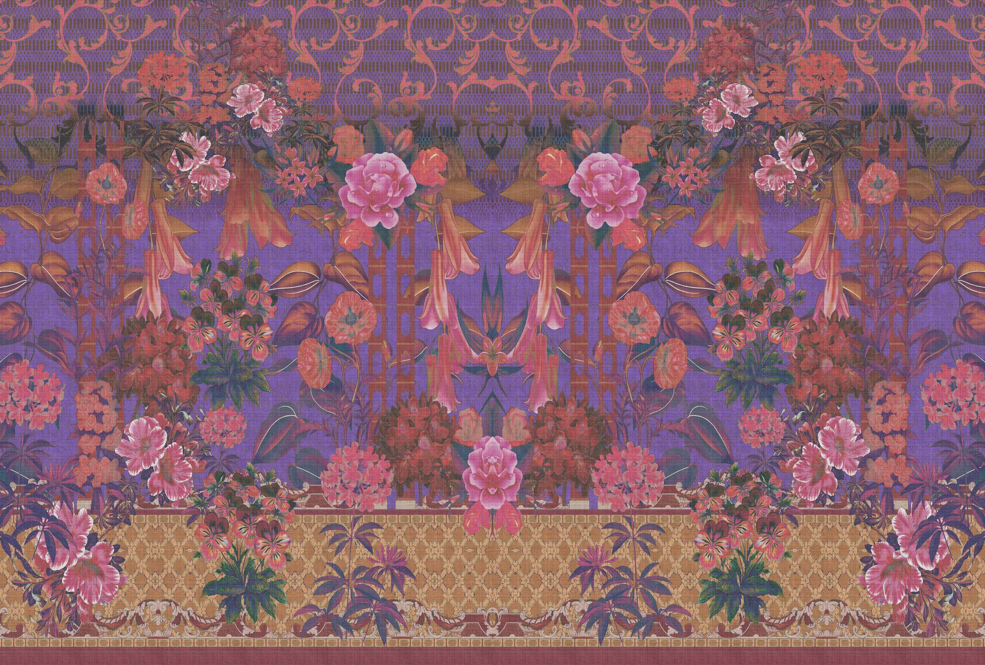             Photo wallpaper »sati 1« - Floral design with linen structure look - Purple | Smooth, slightly shiny premium non-woven fabric
        