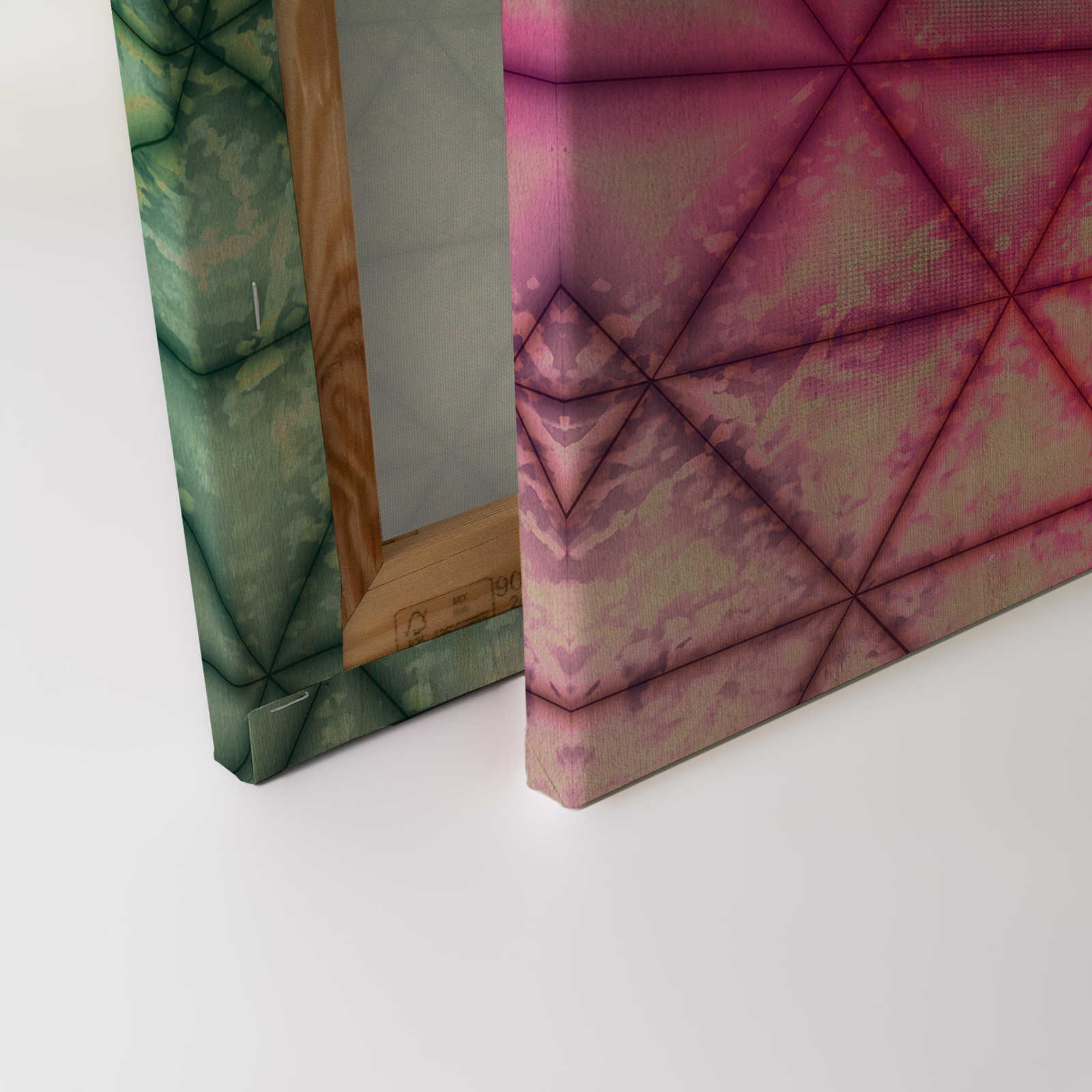             Tableau toile motif triangulaire géométrique imitation bois | vert, rose - 0,90 m x 0,60 m
        