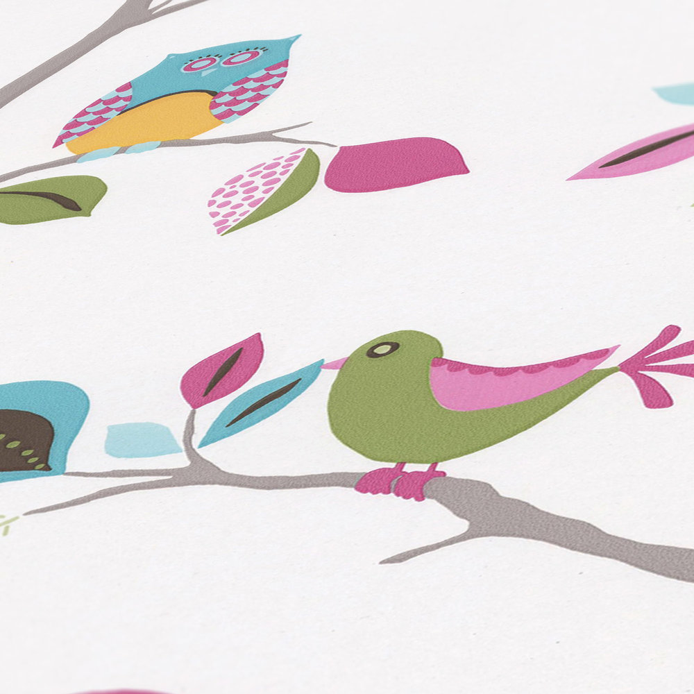             Papier peint chambre enfant avec hiboux & oiseaux - multicolore, vert
        