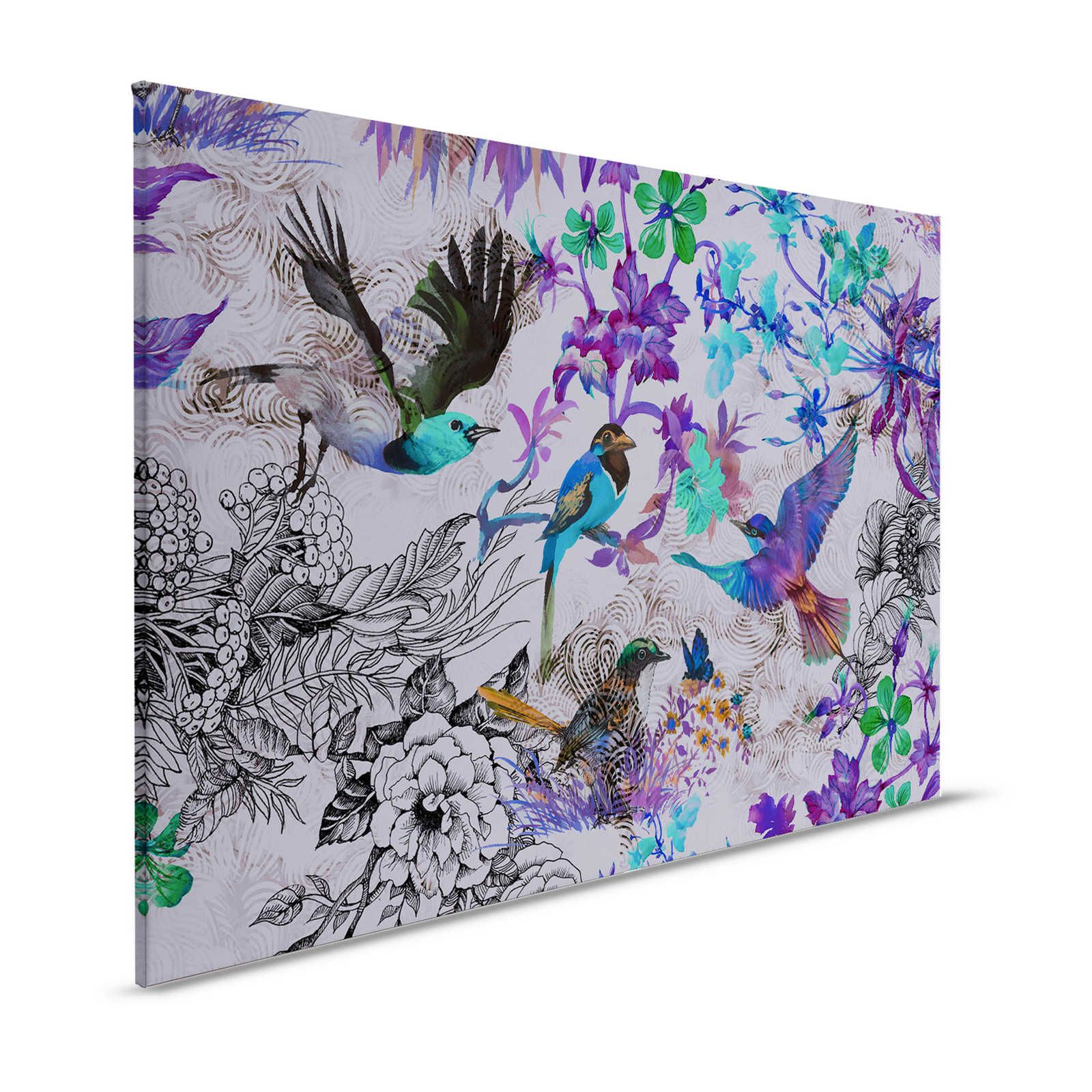 Quadro su tela viola con fiori e uccelli - 1,20 m x 0,80 m
