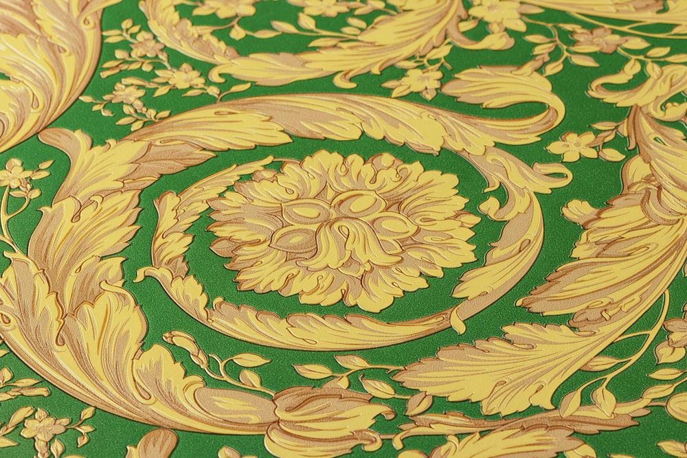             VERSACE Papier peint ornemental motif floral - vert, métallique, jaune
        
