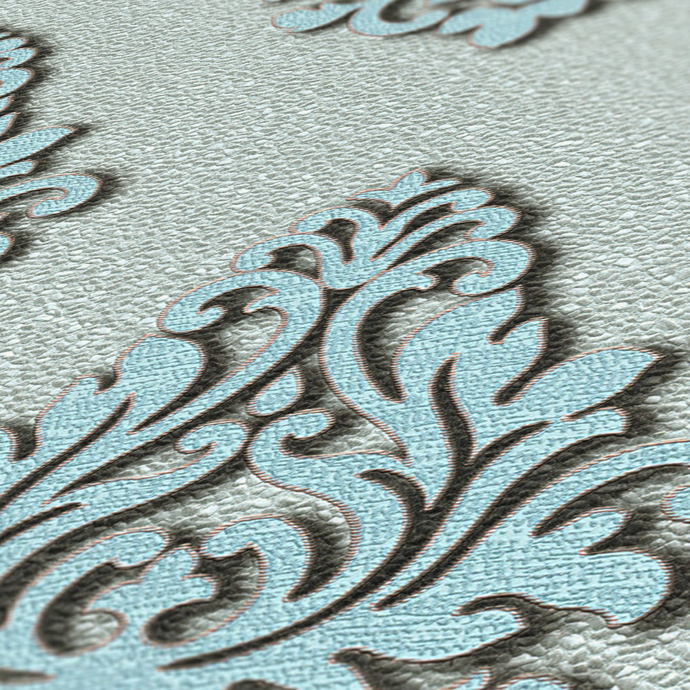             Carta da parati metallizzata con ornamenti ed effetto struttura - blu, argento
        