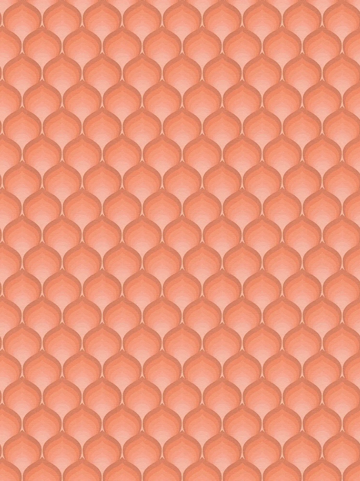 Papel pintado no tejido retro con motivos de escamas en colores cálidos: naranja, rojo, rosa
