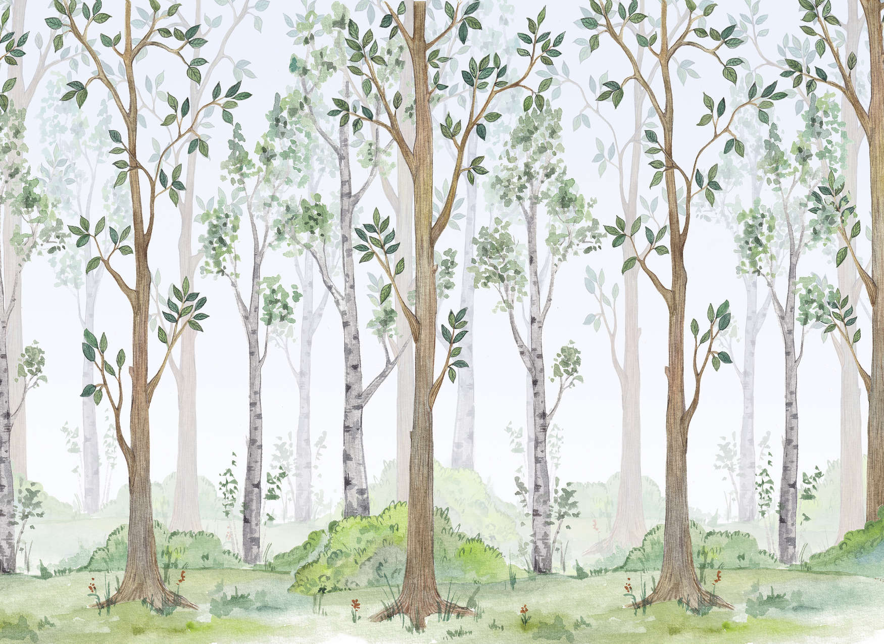             Carta da parati foresta dipinta per la camera dei bambini - Verde, marrone, bianco
        