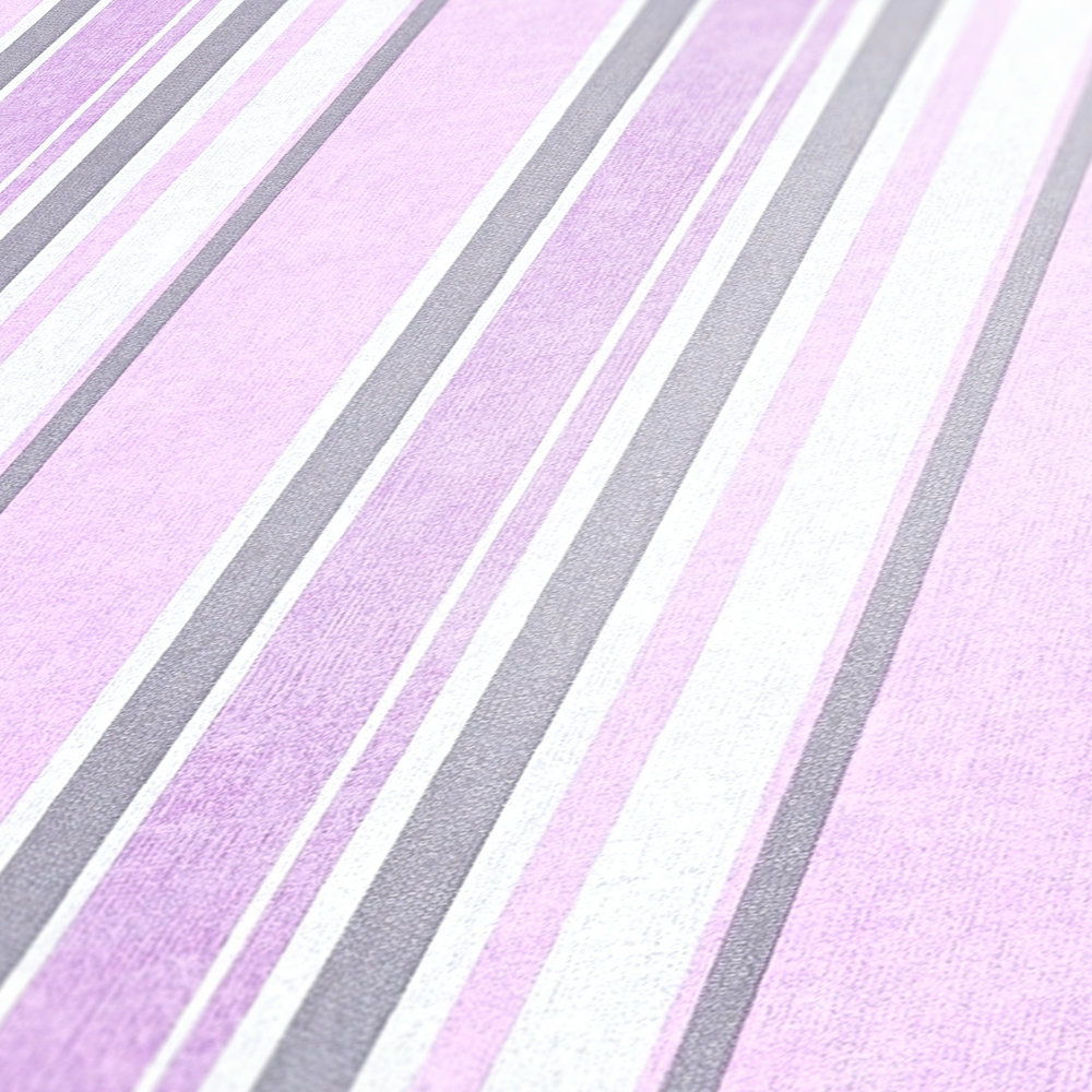             Nursery wallpaper purple stripes with metallic effect
        
