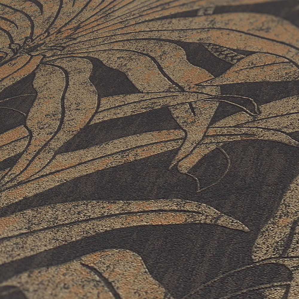             papier peint en papier à motifs noble avec design de fleurs de jungle - noir, or, bronze
        