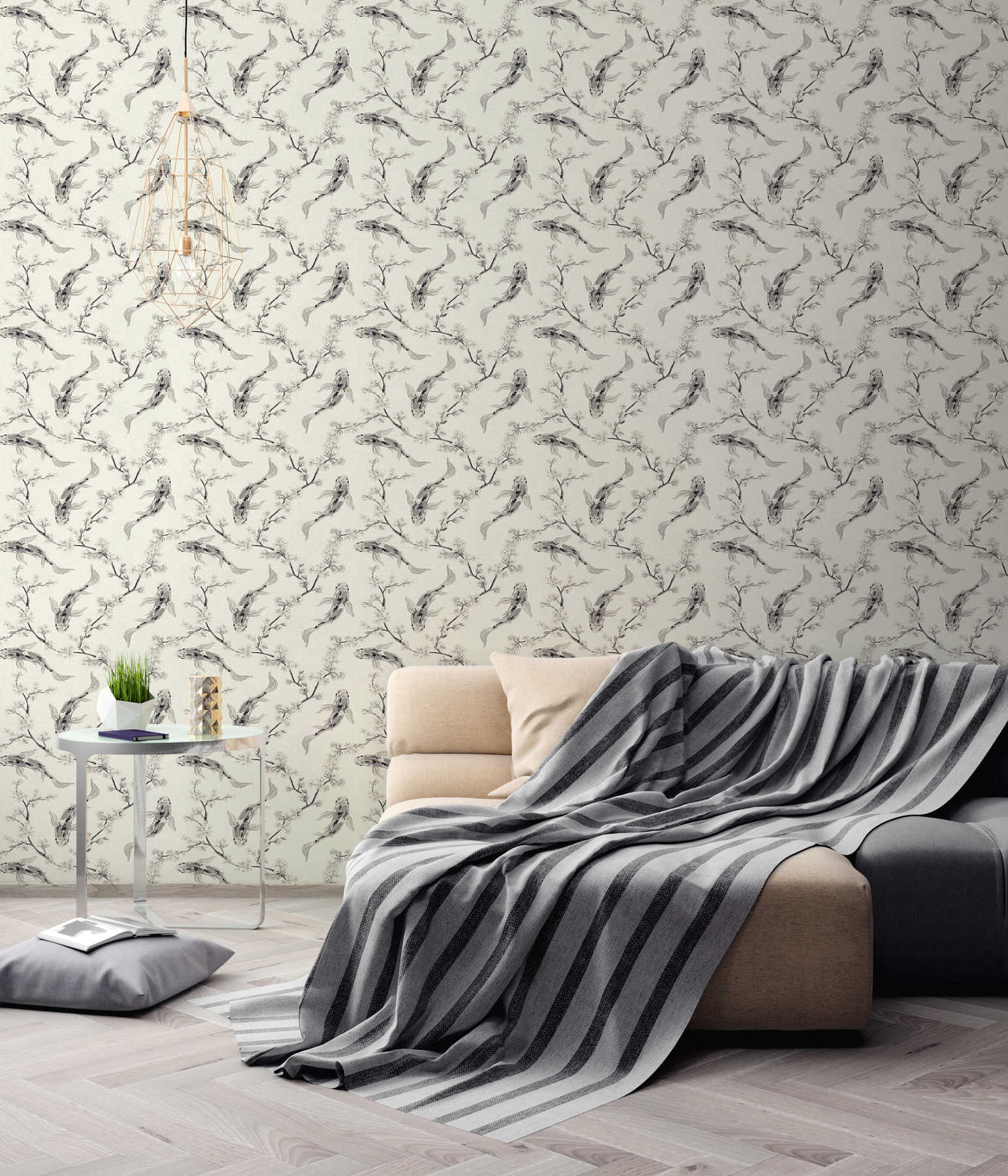             Non-woven wallpaper with koi pattern in Asian style - grey, beige, cream
        