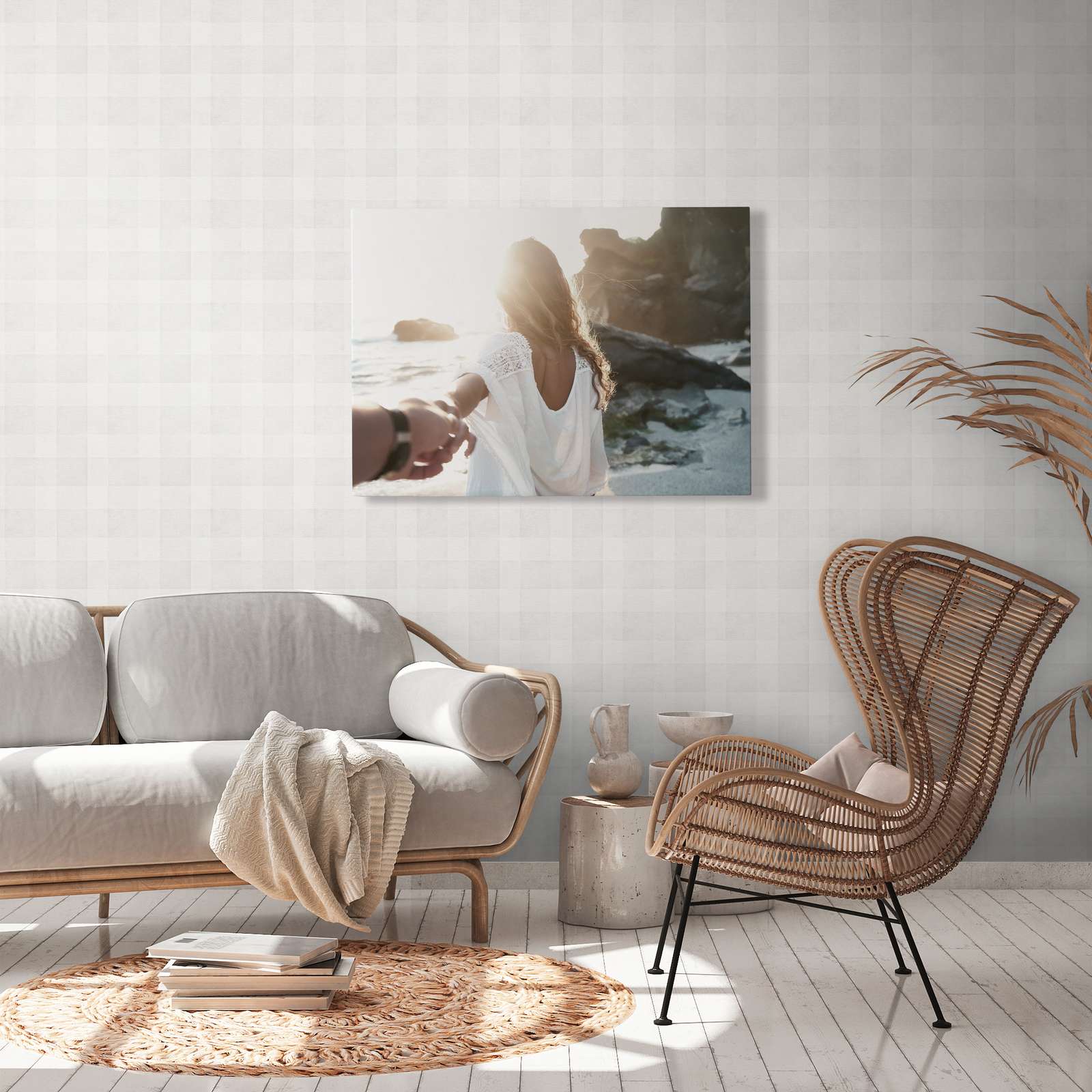             Linen optic wallpaper with check pattern PVC-free - Grey
        