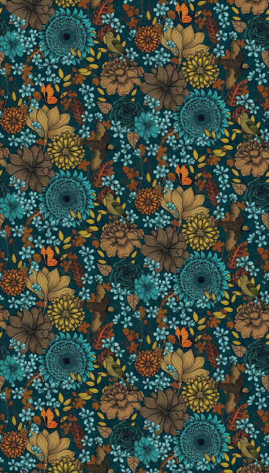             Papier peint intissé coloré à grands motifs floraux avec fleurs et feuilles - bleu, beige, marron
        